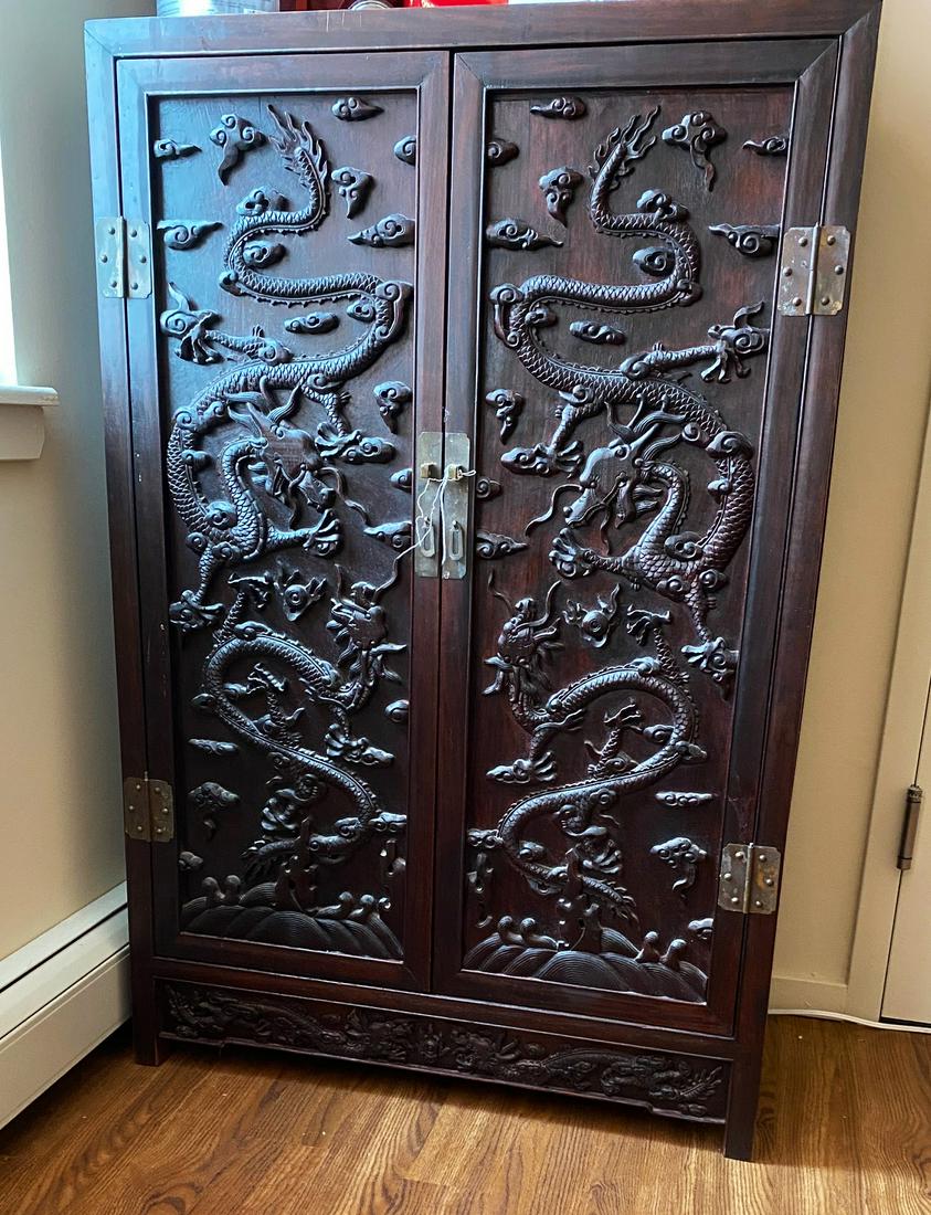 Chinese Black Hard Wood Double Door Dragon Cabinet (1 of 4)