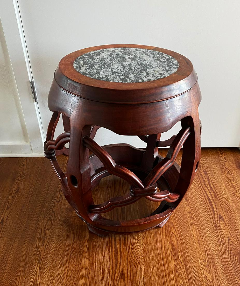Chinese Hard Wood & Stone Barrel Shape Garden Seat: Chinese Hard Wood Barrel Shaped Garden Seat, the top inlaid with a round stone and the wood base on 4 legs with fretwork and a round wood base. Height 19 inches (48.3 cm.) X diameter 12 1/2 inches (31