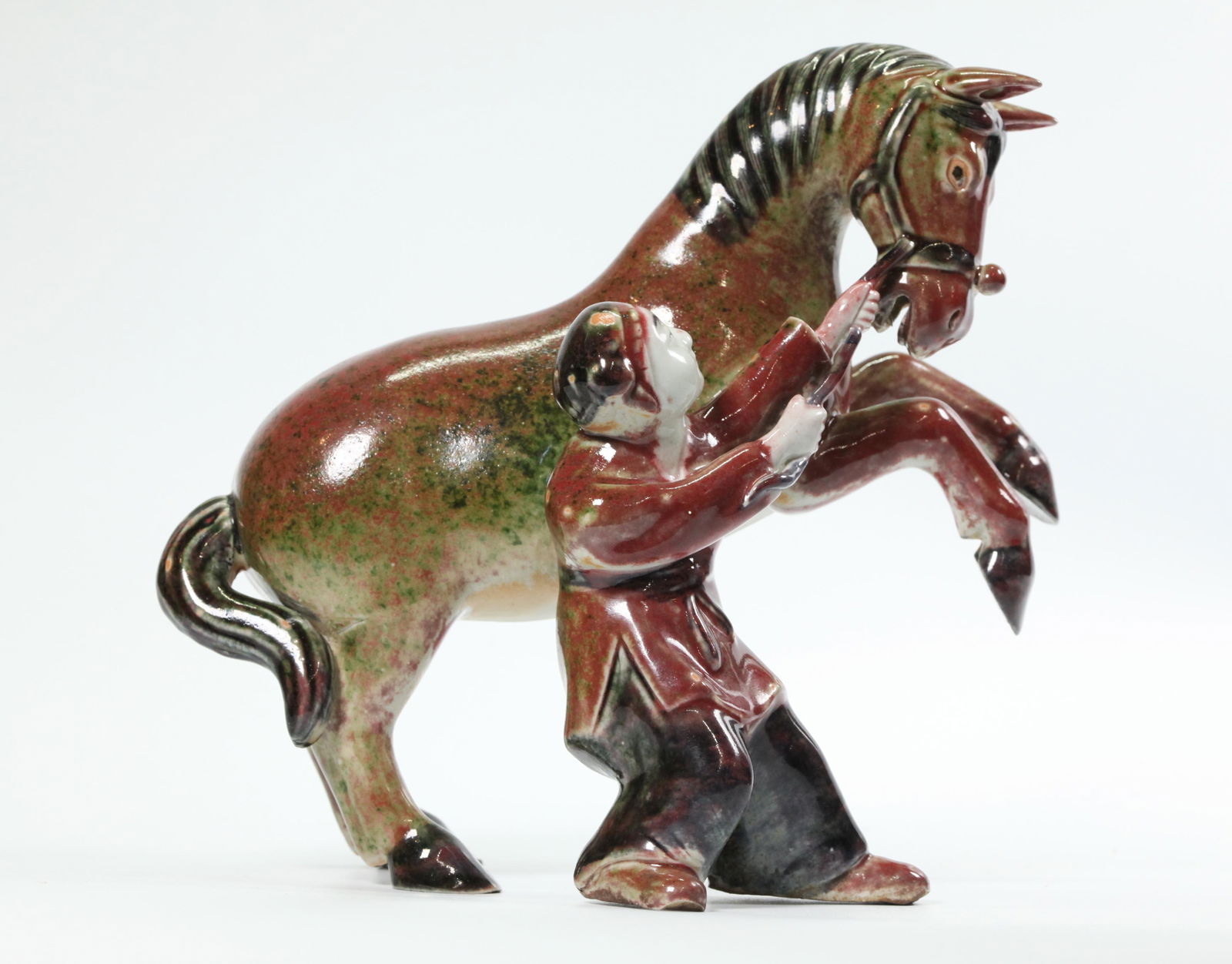 Chinese Red & Blue Porcelain Horse & Groom (1 of 5)