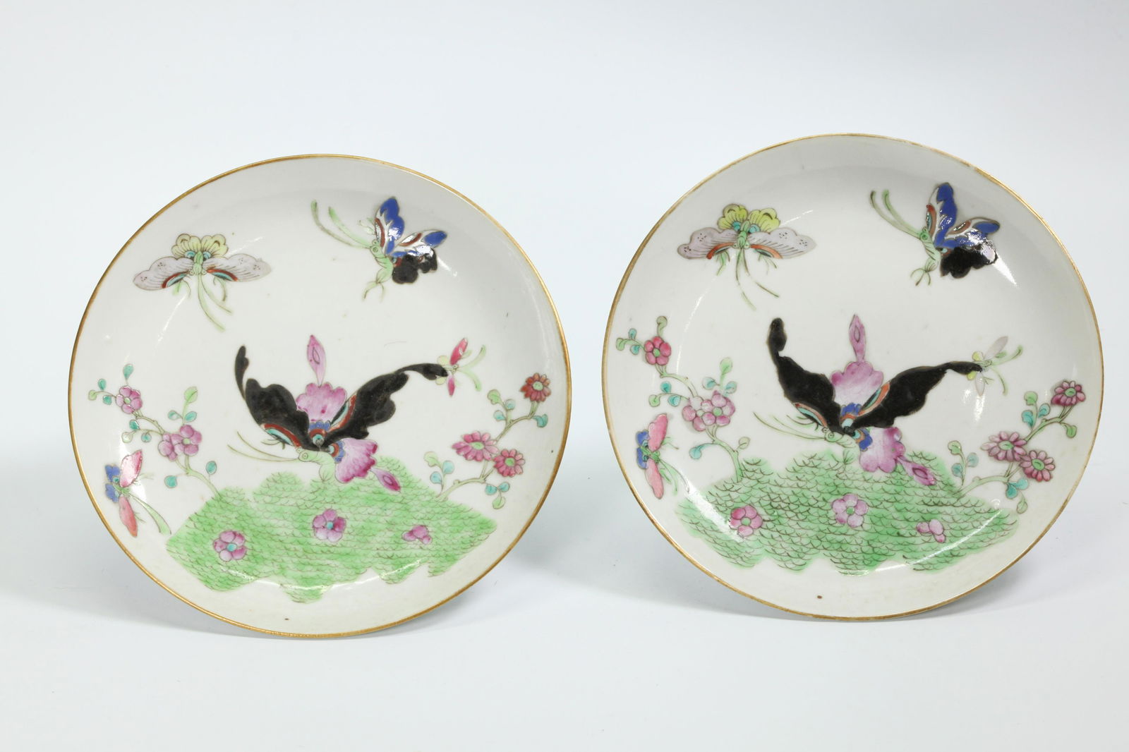 Pr Chinese 19thC Enamel Butterfly Porcelain Plates (1 of 4)