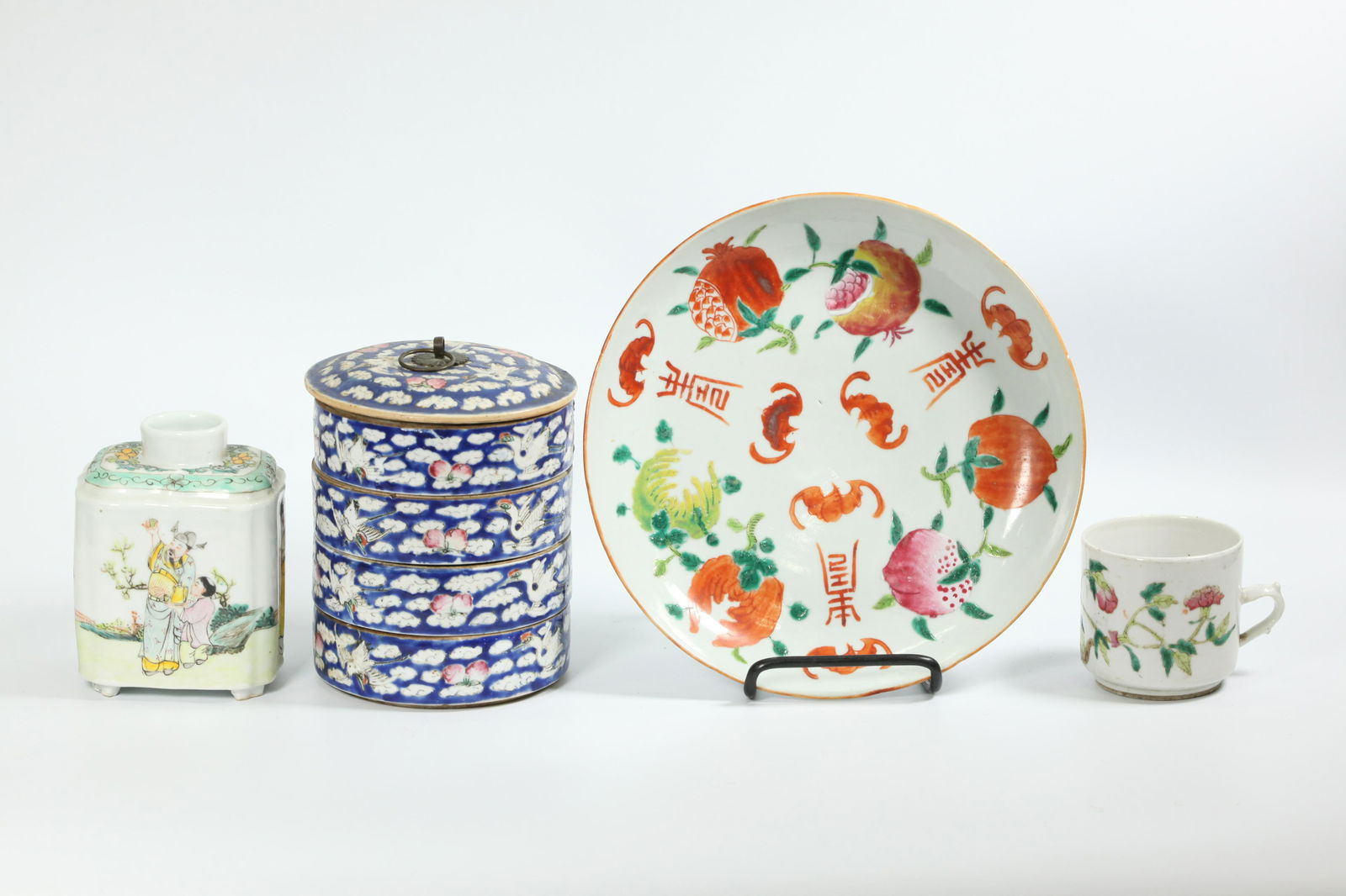 4 Chinese Enamel Porcelains; Boxes Caddy Cup Plate (1 of 6)