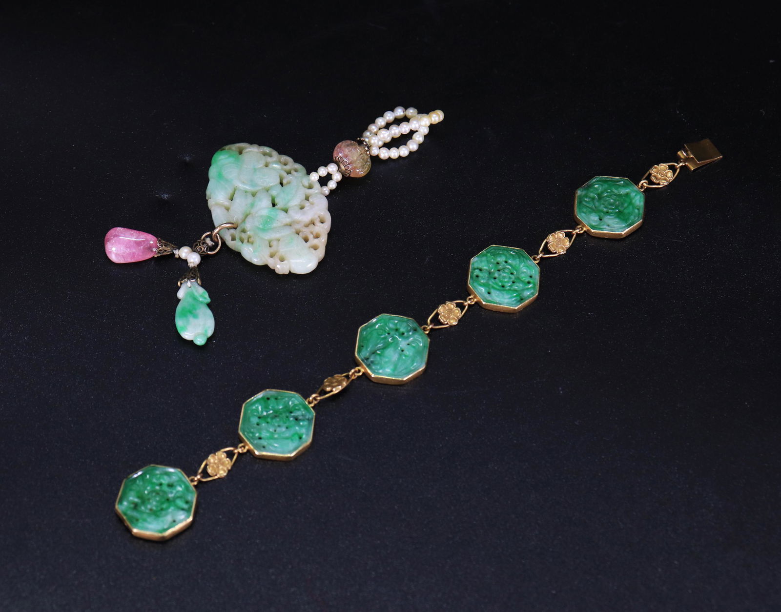 Chinese 14K Natural Jadeite Bracelet & Pendant (1 of 6)