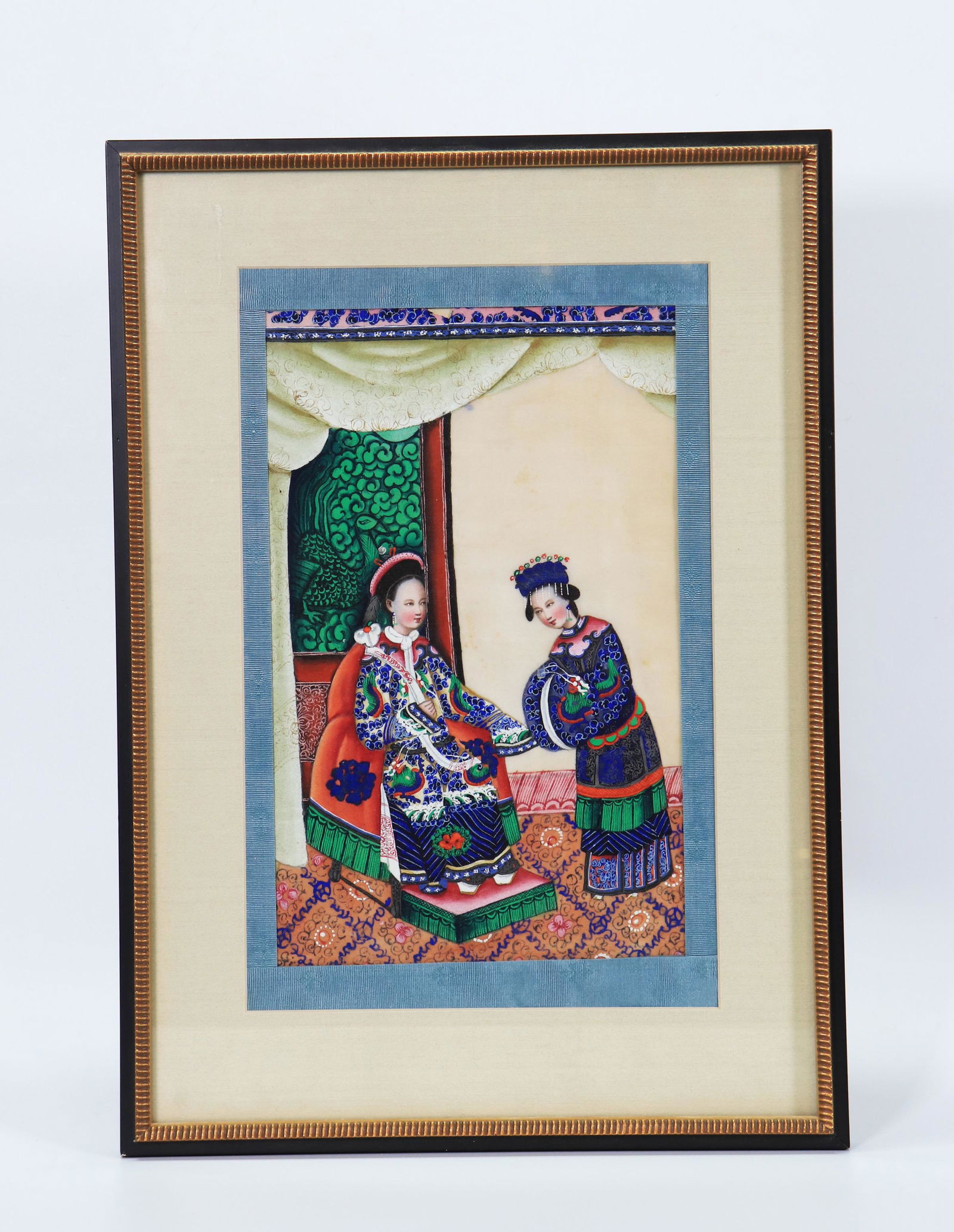 Lg Chinese 19th C Gouache on Pith Mandarin Ladies: Large Chinese 19th Century Gouache on Pith Paper of 2 Mandarin Court Ladies receiving, in front of the Green Phoenix Screen, the seated Lady is wearing Manchu Shoes and holding a Ruyi Scepter, and the
