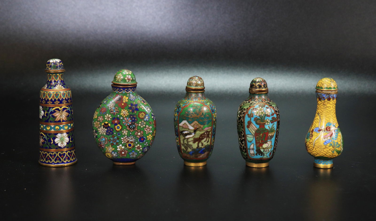 5 Chinese Qing Cloisonne on Bronze Snuff Bottles (1 of 9)
