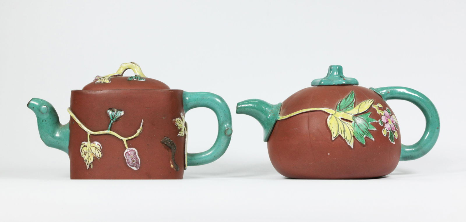 2 Chinese Enameled Yixing Teapots; Gourd & Log (1 of 6)