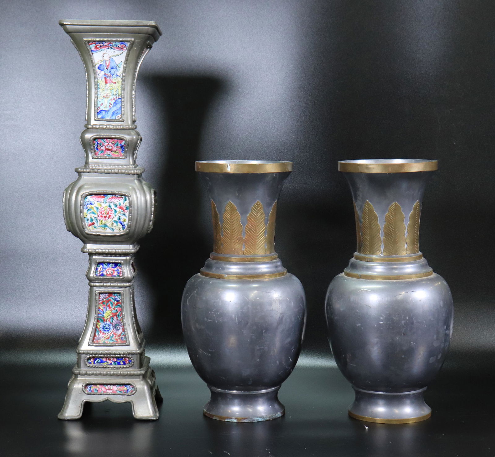 3 Chinese Pewter Vases; Pair w Bronze, 1 w Canton (1 of 9)