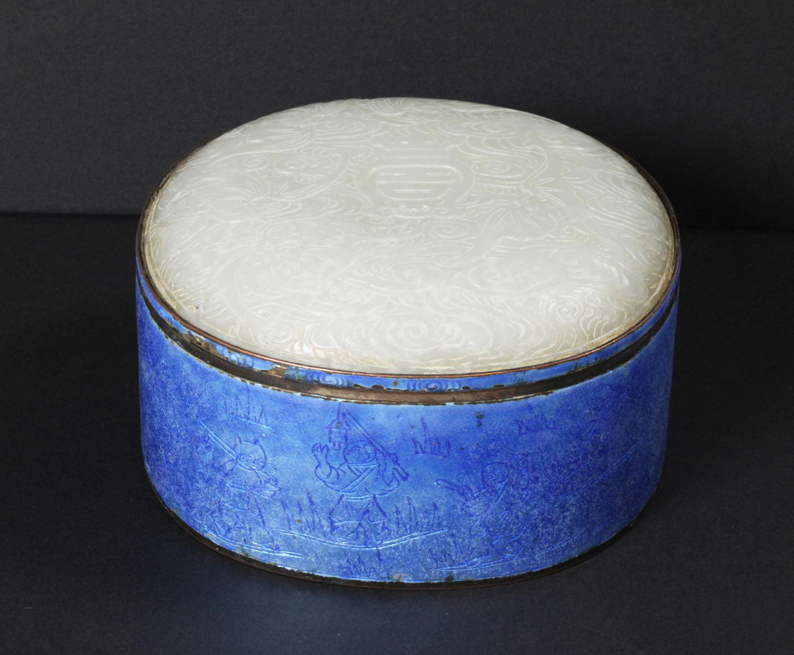 Chinese 18/19th C White Jade Plaque Bronze Box (1 of 5)