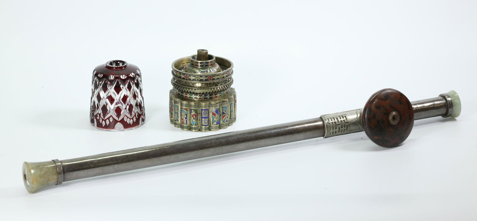 Chinese Silvered Bronze Green Jadeite Opium Pipe & Lamp (1 of 6)