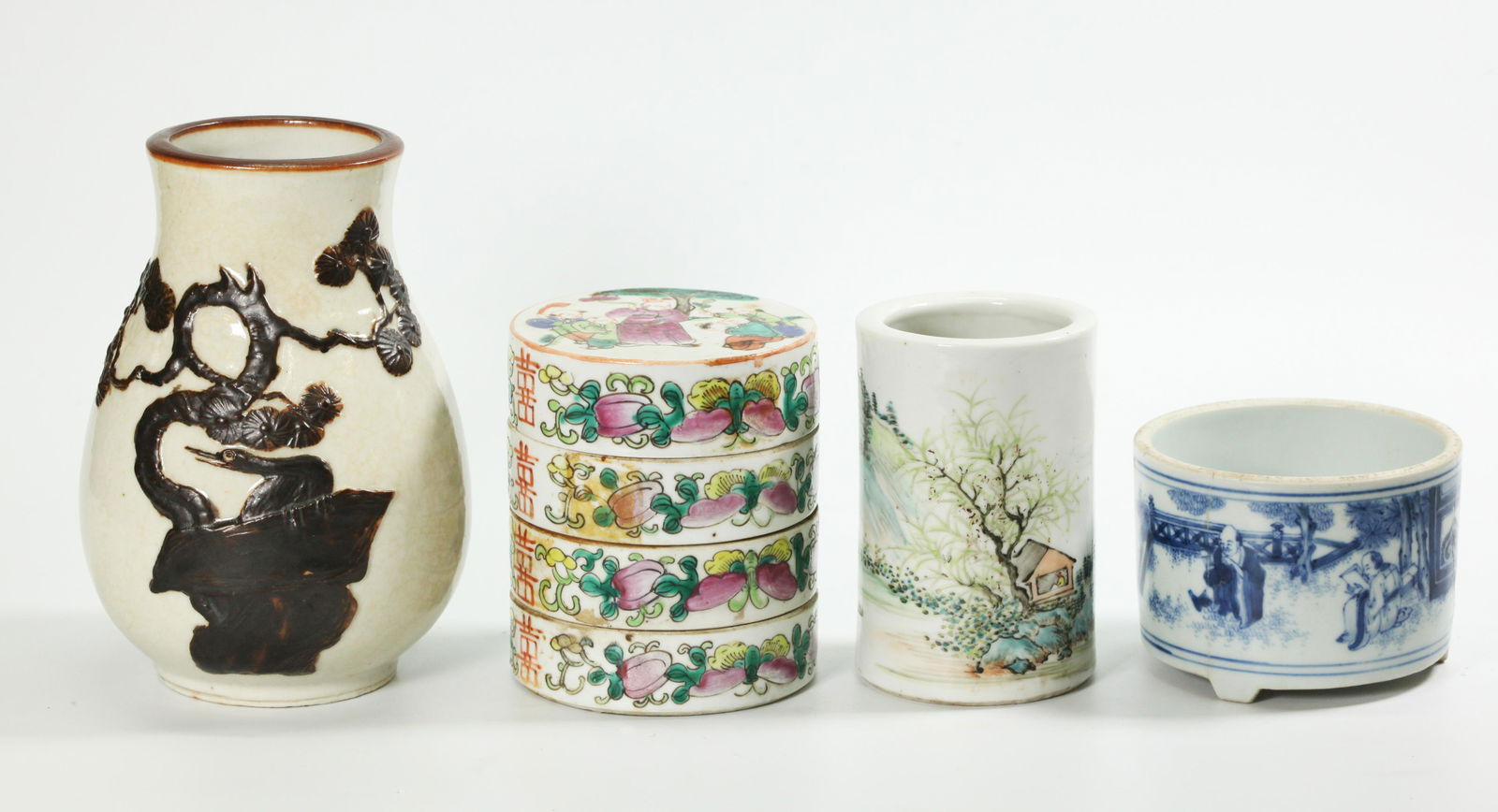 4 Chinese Scholar's Porcelains; Vase Bitong Censer (1 of 5)