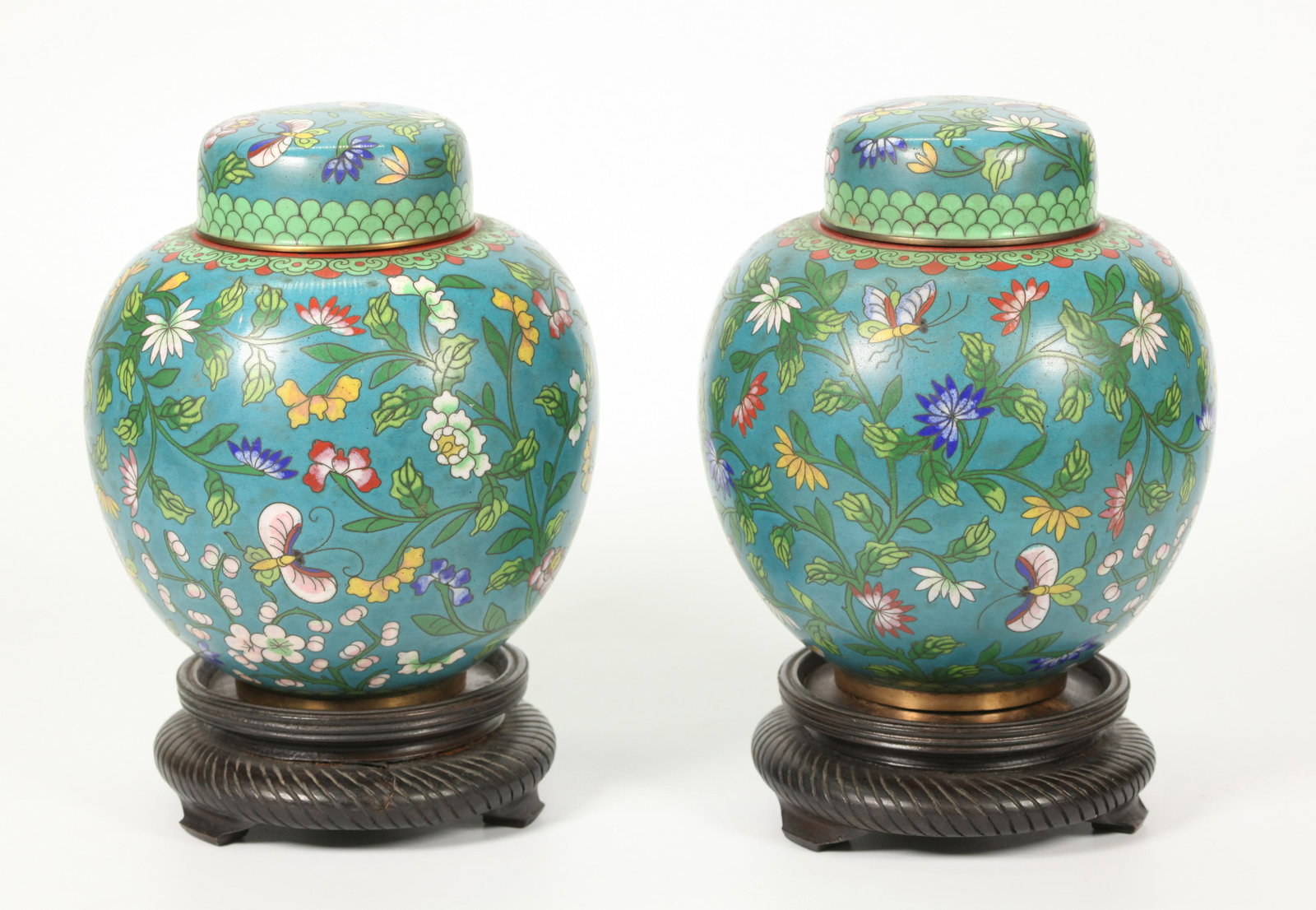 Pair Chinese Cloisonne on Bronze Tea Canisters (1 of 6)