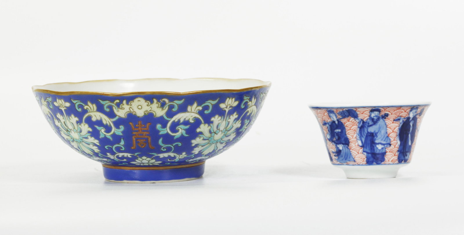 Chinese Enameled Porcelain Bowl, Blue & Red Teacup (1 of 5)