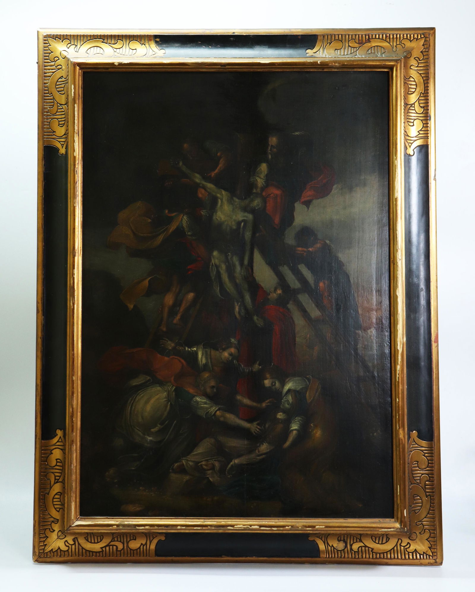 European Oil Cradled Panel; Deposition of Christ: Flemish or Northern European Oil on Cradled Wood Panel; The Deposition of Christ from the Cross, Mary in a swoon at the base; Spanish style frame in black & gold. Height of art 26 1/4 inches (66.5 cm.