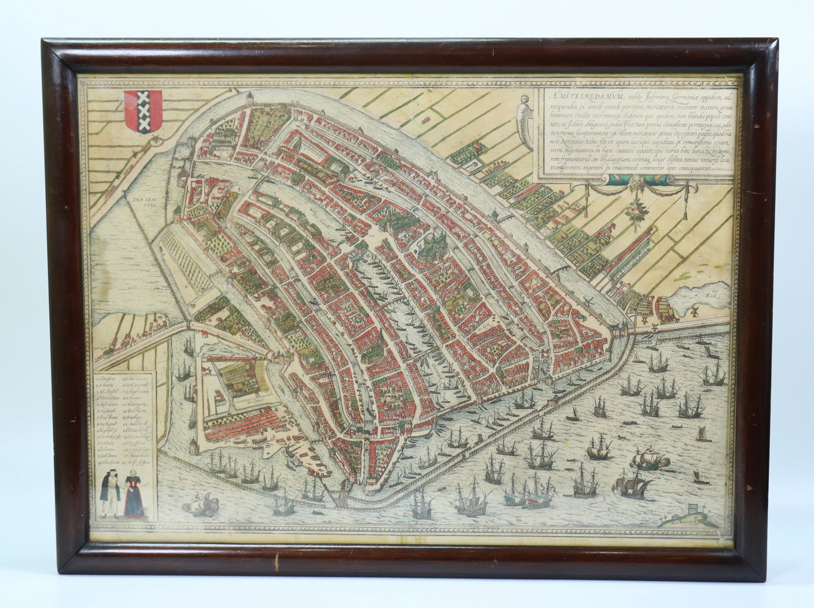 Early Overhead Engraving of Amsterdam circa 1572,: Early overhead view of Amsterdam; "Amstelredamum" by Georg Braun and Frans Hogenberg, hand-colored engraving circa 1572, extracted from "Civitates Orbis Terrarum, Liber Primus"; framed to the trimmed 