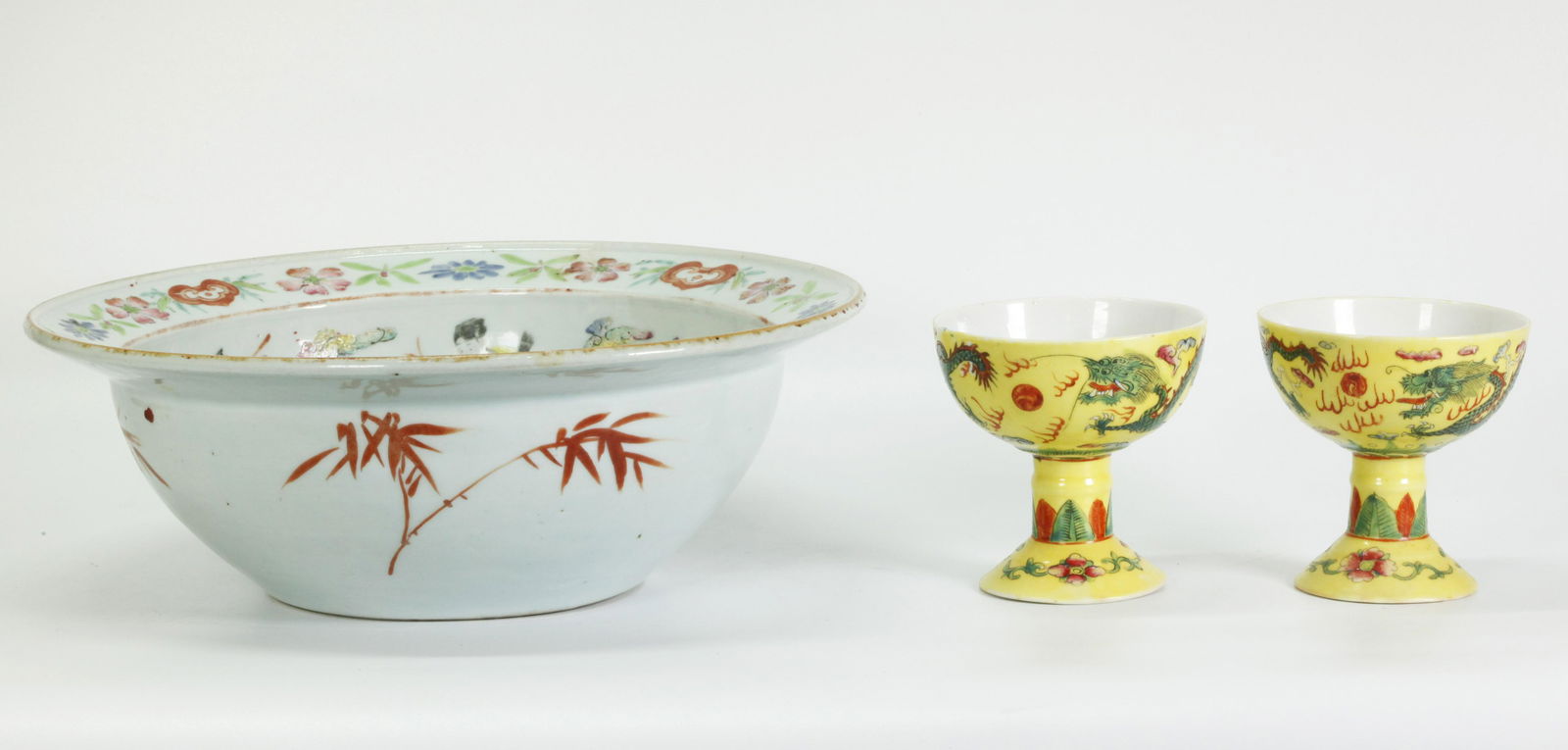 3 Chinese Enameled Porcelains Bowl & 2 Stem Cups (1 of 6)