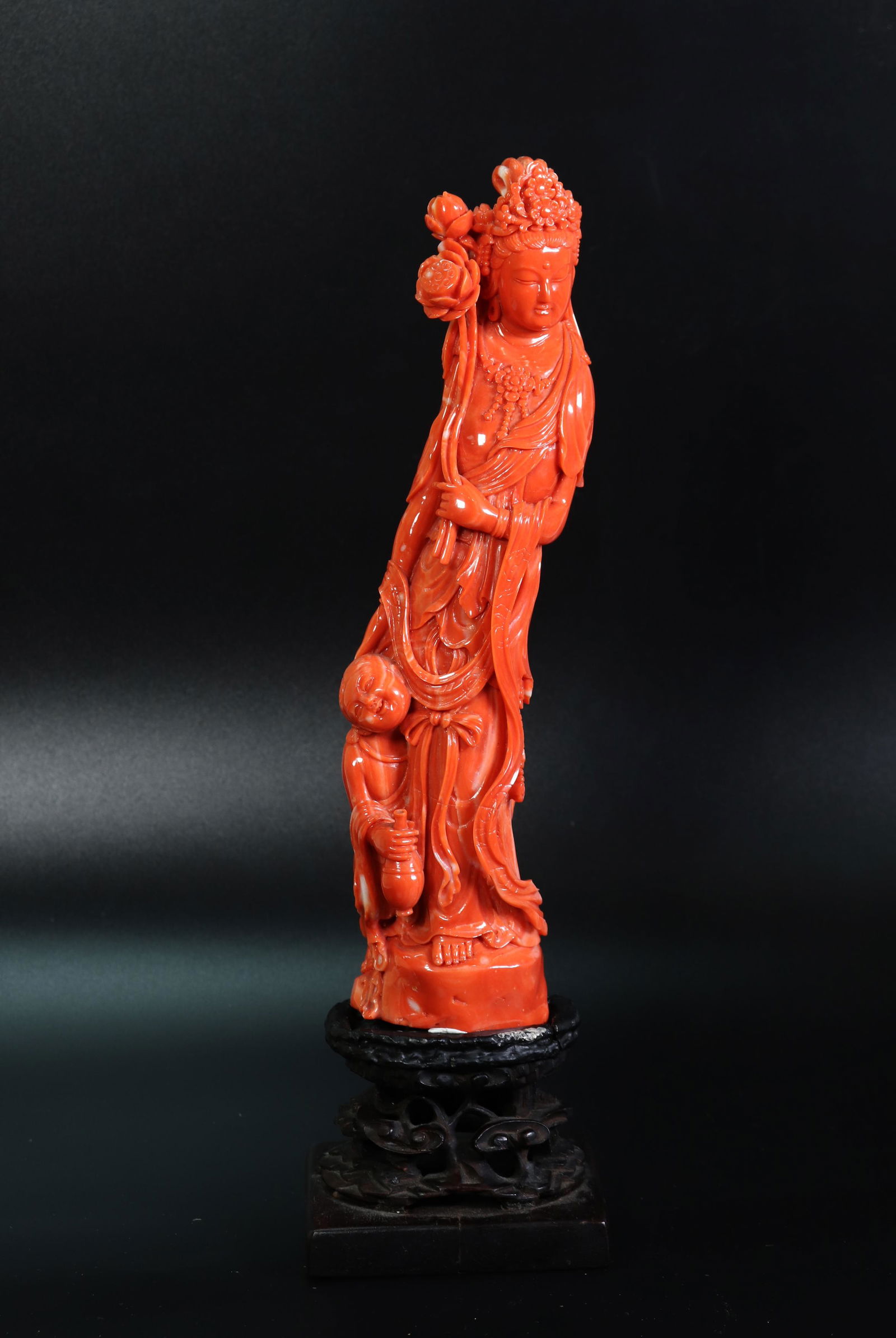 Large Chinese Coral Standing Guanyin; 755.7G (1 of 7)