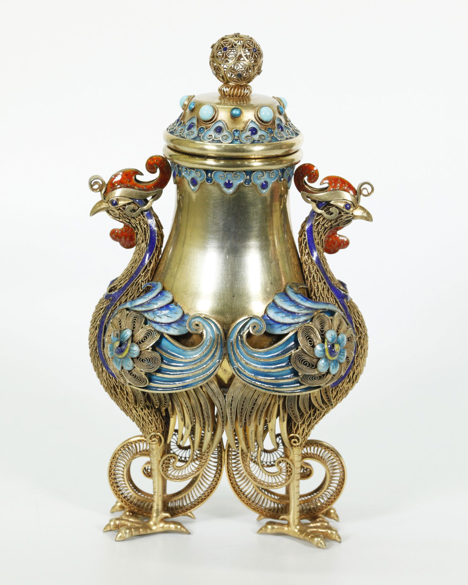 Chinese Gilt Silver Wire Work Enamel Phoenix Jar (1 of 5)