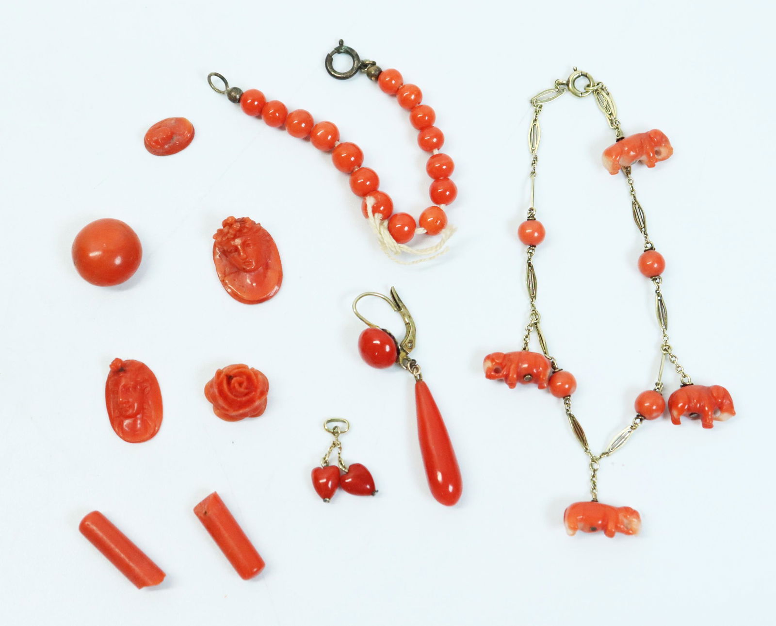 10 Chinese Coral Parts; Old Elephant 14K Bracelet (1 of 6)