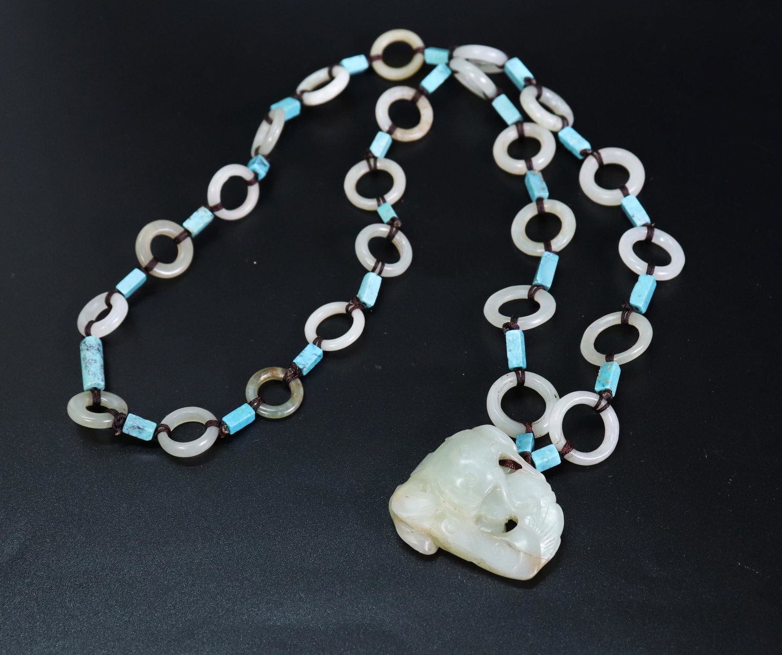 Chinese Jade & Turquoise Necklace Fish Pendant (1 of 6)