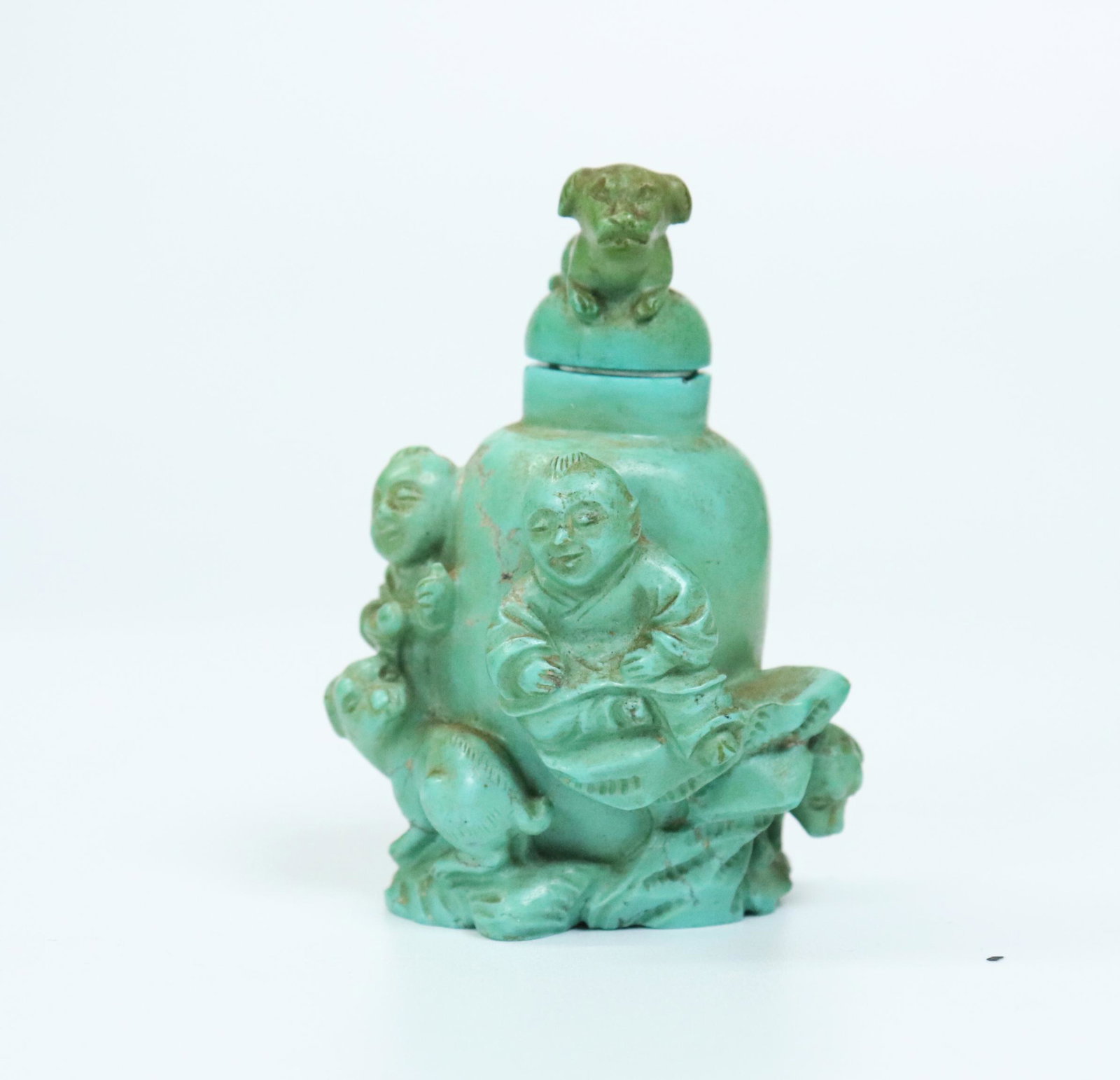 Chinese Carved Turquoise Boys & Dogs Snuff Bottle: Fine Chinese Carved Turquoise 2 Boys & 3 Dogs Snuff Bottle. Total weight 56 grams. Height with cover 2 1/4 inches (5.7 cm.).