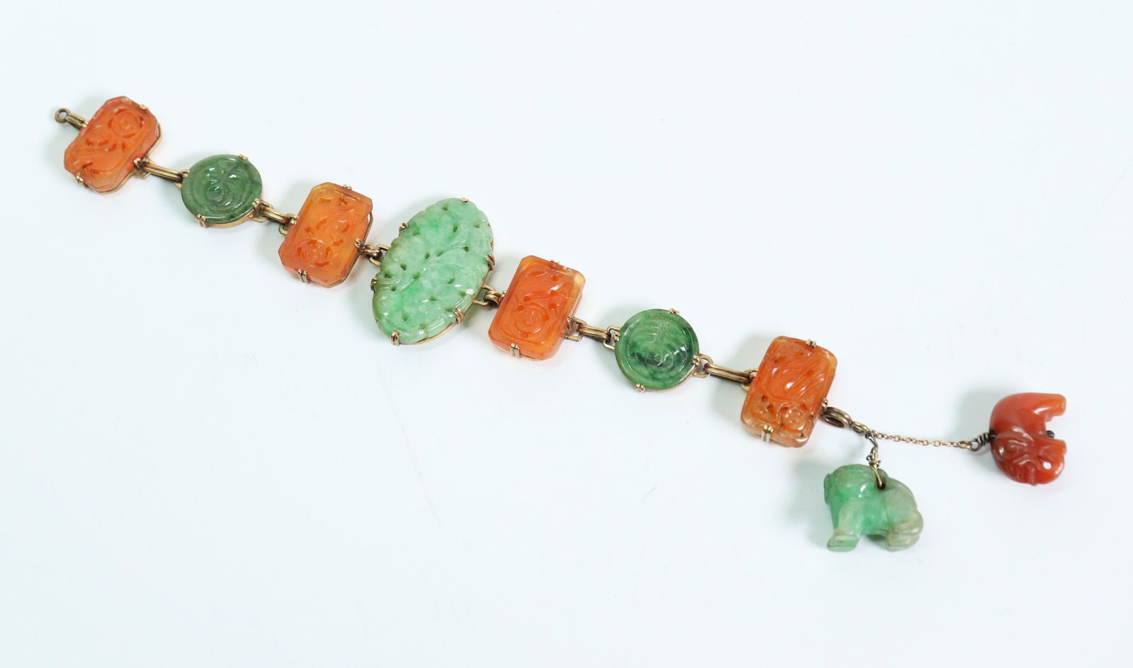Chinese Green Jadeite & Carnelian Link Bracelet (1 of 4)