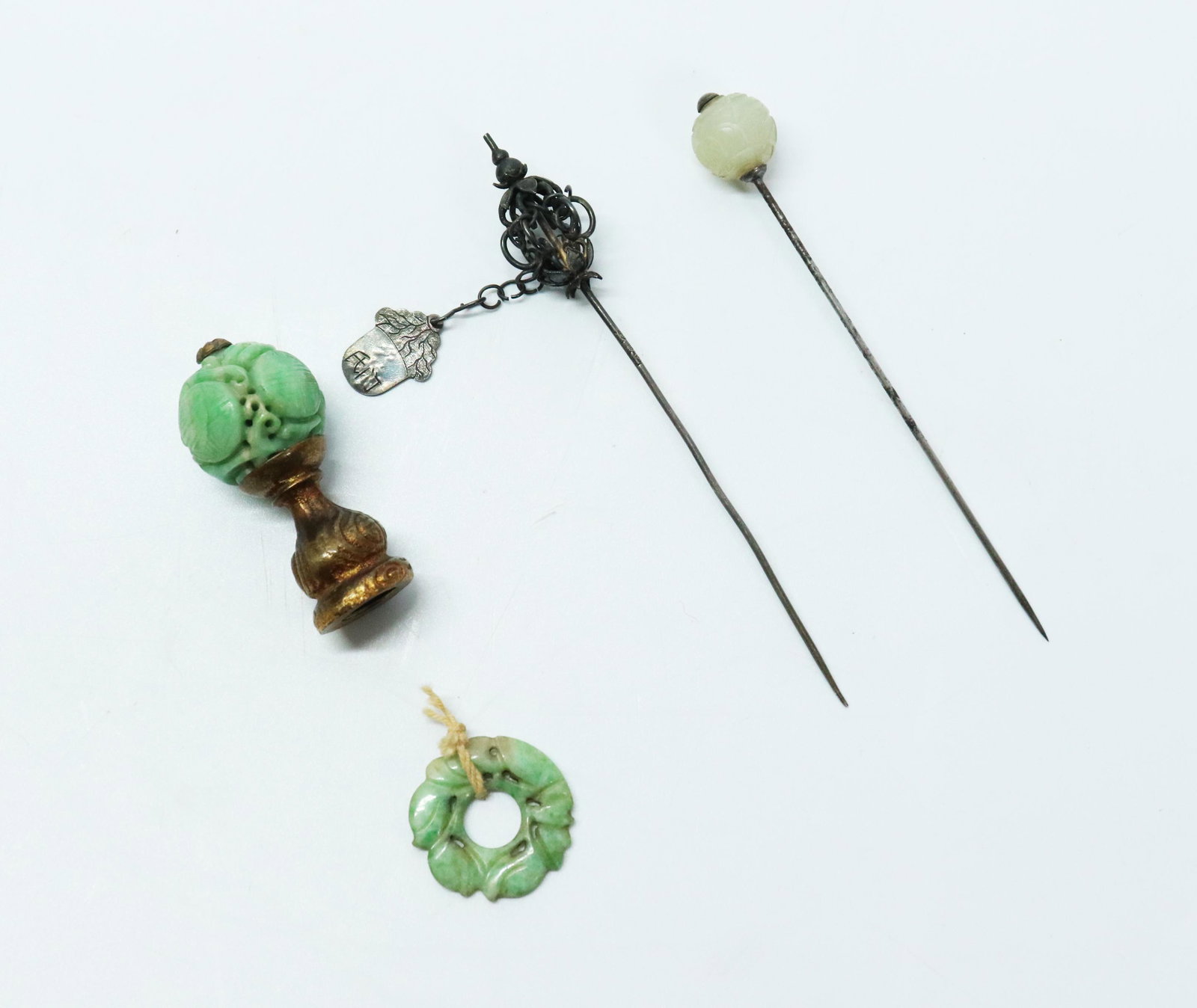2 Chinese Old Green Jadeites, 2 Hair or Hat Pins (1 of 5)