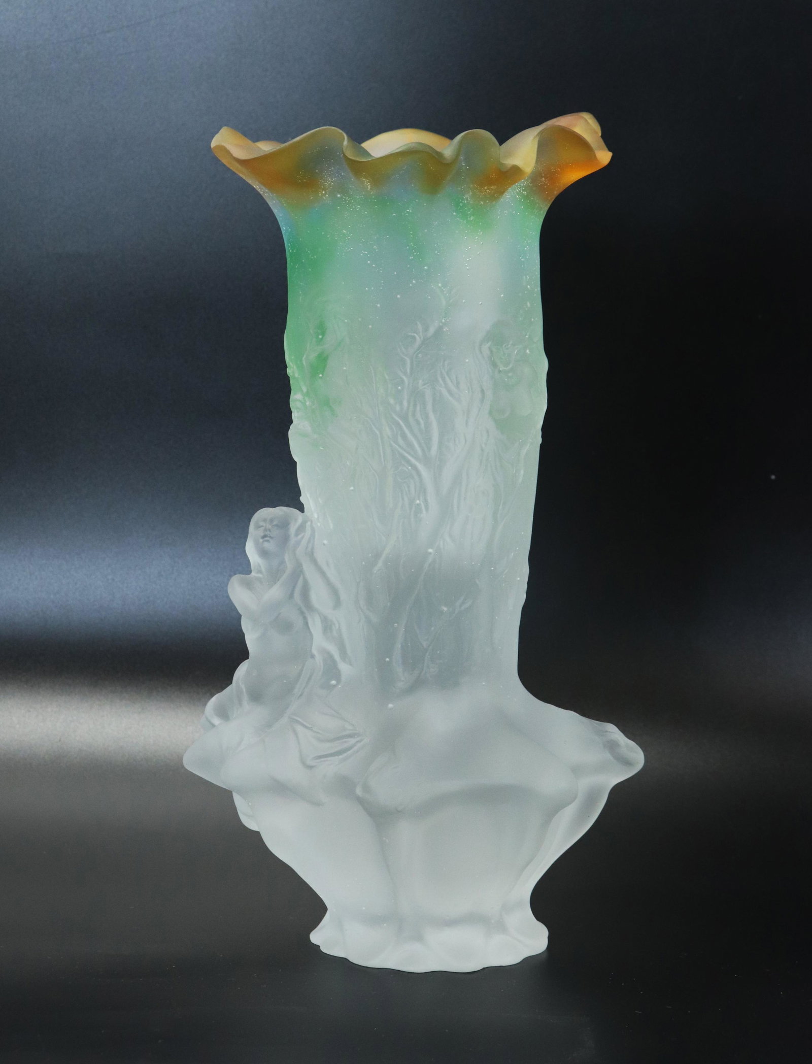 Pate de Verre Cast Crystal Vase Neoclassical Lady: Pate de Verre Cast & Frosted Crystal Vase with Draped Nude Lady seated on edge of base Listening to Male playing "Pipes of Pan" to another Lady in trees all in low relief around neck, the flaring neck