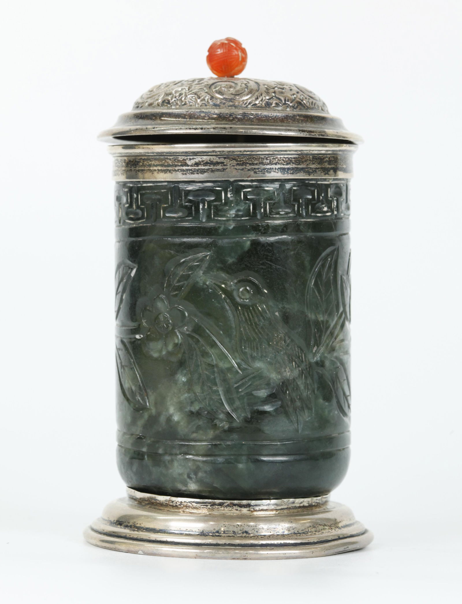 Chinese 19th C Green Jade Cup Sterling Mounts (1 of 5)