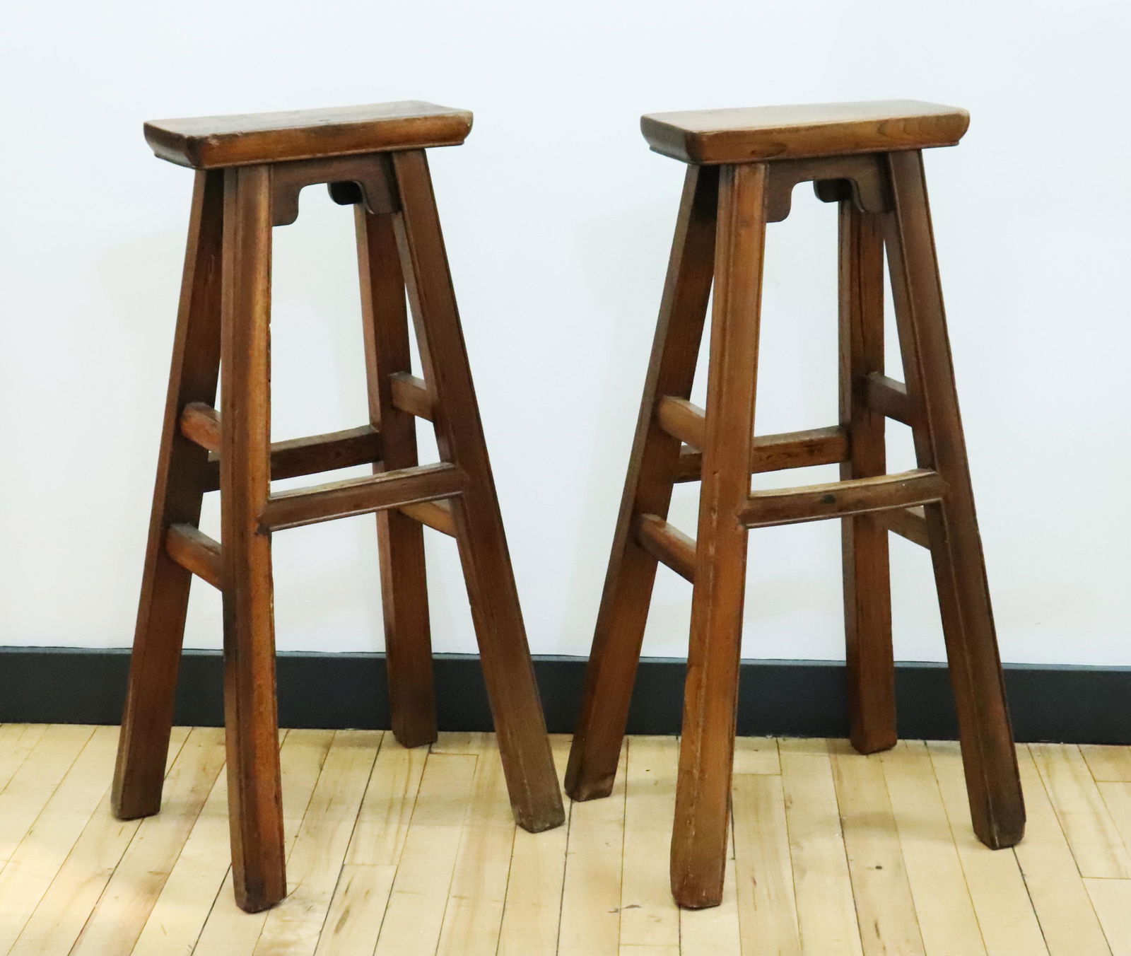 Pair Antique Chinese Elm Wood High Stools (1 of 5)