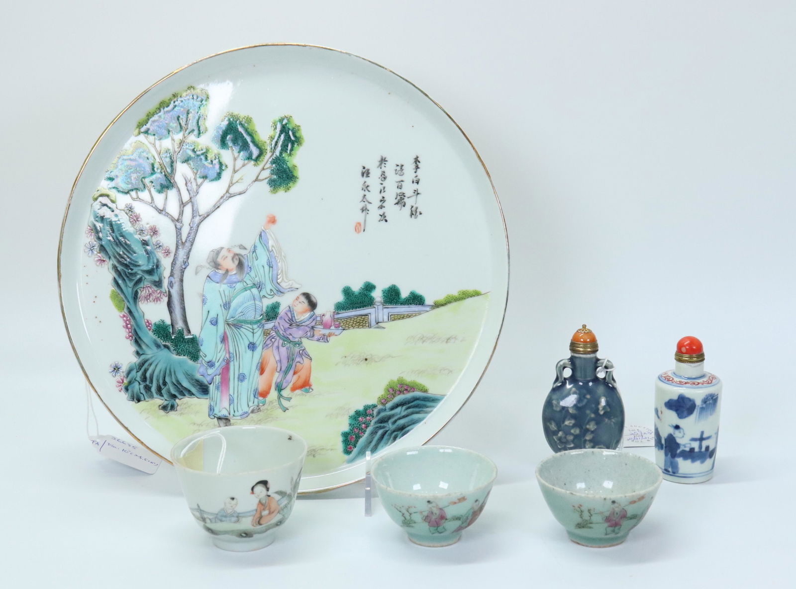 Chinese Enameled Porcelain Tray 2 Snuff 3 Teacups: Chinese Enameled Porcelain Tea or Wine Tray with a design of a Poet, possibly Li Bai, raising a square cup in a garden with an assistant with tray; an "Ink" inscription in the sky with 1 red seal and
