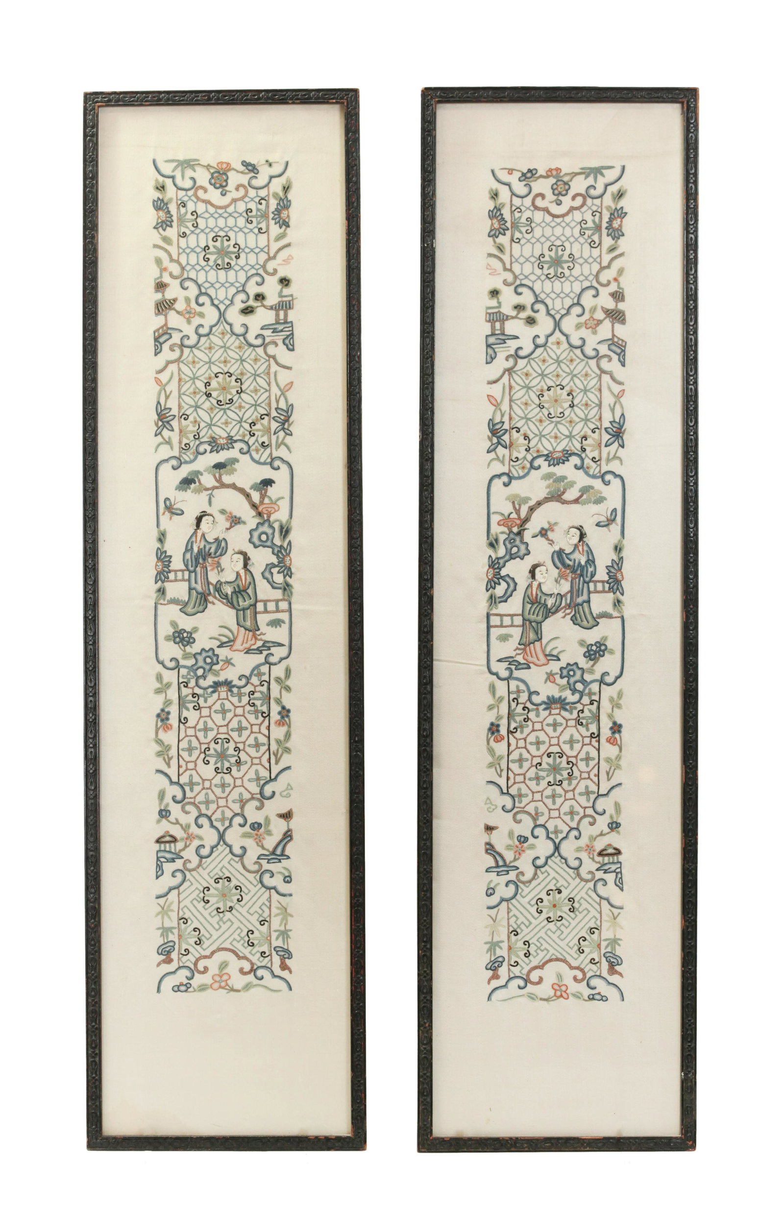 Uncut Pr Chinese Qing Loop-Stitch Sleeve Borders: Uncut Mirror Pair Chinese Qing Dynasty Loop-Stitch Sleeve Borders with beautiful Ladies in Gardens, their faces and hands in satin stitch; now framed to folded edges of undecorated borders. Height of 