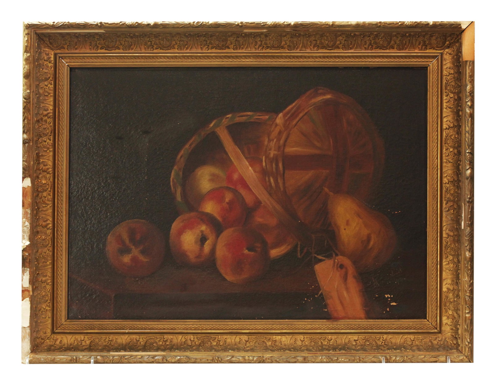 Minnie Prout '89; Still Life Peaches Oil Canvas: Minnie Prout; American School Still Life with Basket of Peaches and a Pear; Oil Canvas on stretcher, signed and dated '89 lower right corner recto. Height of art 15 inches (38 cm.) X width of art 21 i
