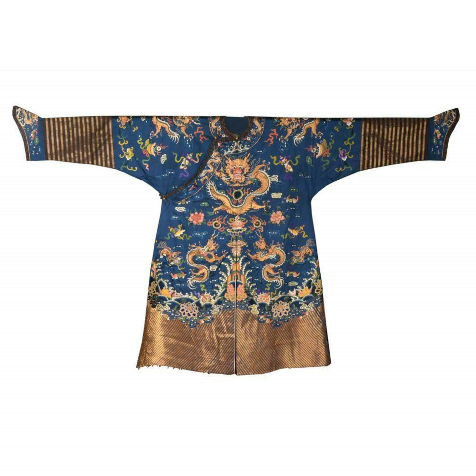 Chinese Qing Dynasty Blue & Gold Court Dragon Robe: Chinese Qing Dynasty Court 4 claw Dragon Robe in blue embroidered with auspicious objects in satin stitch and Peking knots in colors with laid gold wrapped thread highlights, the Dragon and deep water