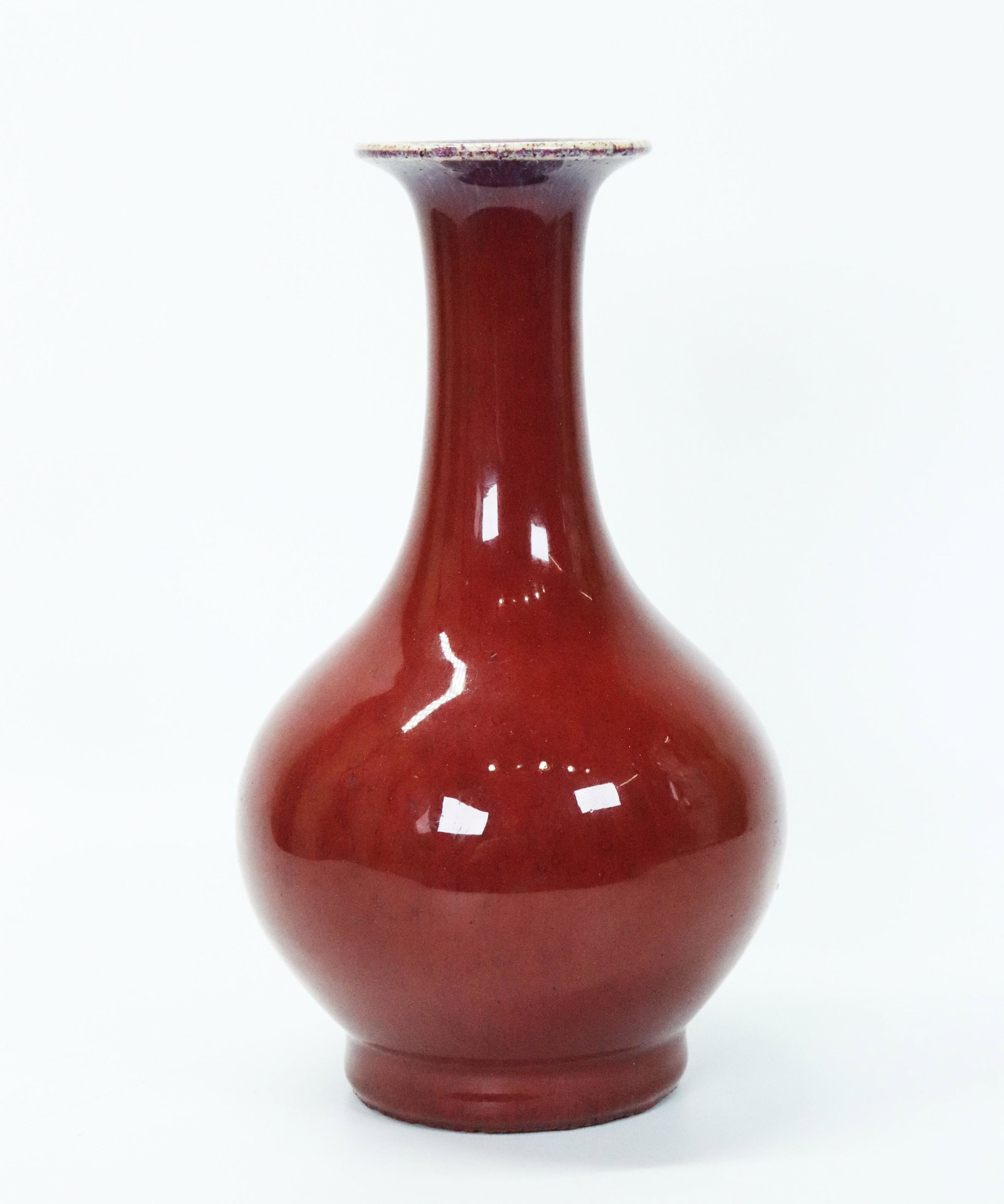 Chinese 19th C Red Porcelain Vase, Flambe Mouth (1 of 6)