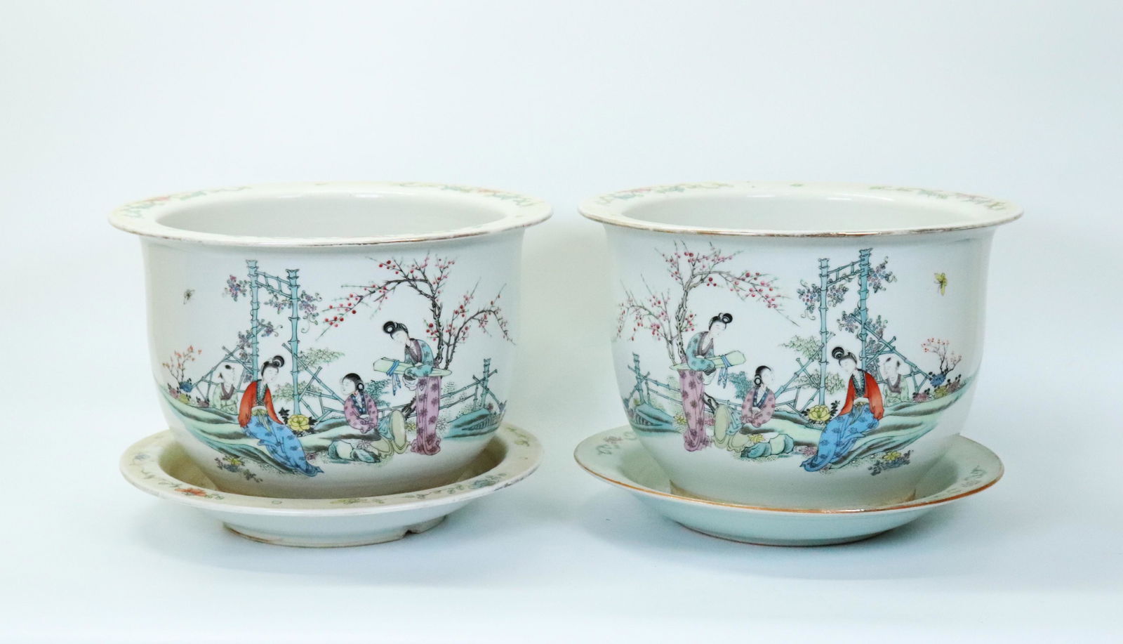 Pair Chinese Enameled Porcelain Planters; 2 Trays (1 of 10)