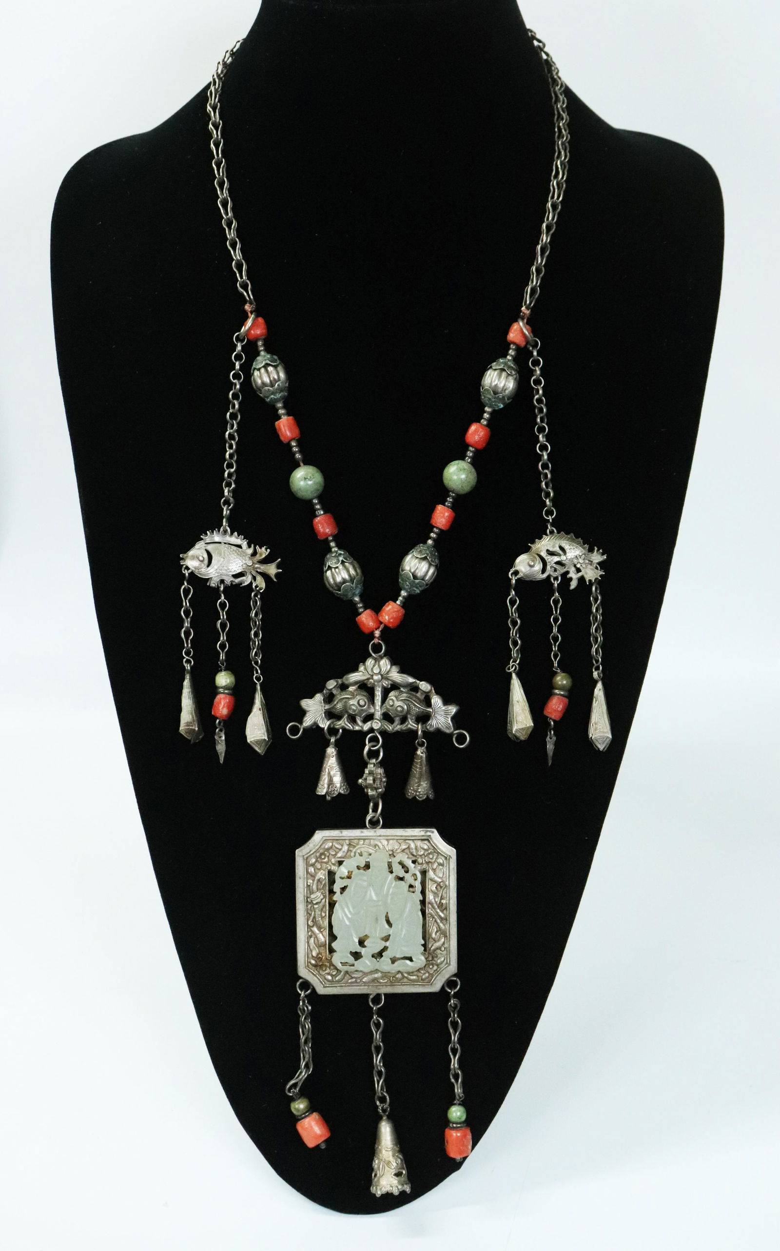 Chinese Silver Jade Coral Turquoise Chain Necklace (1 of 8)