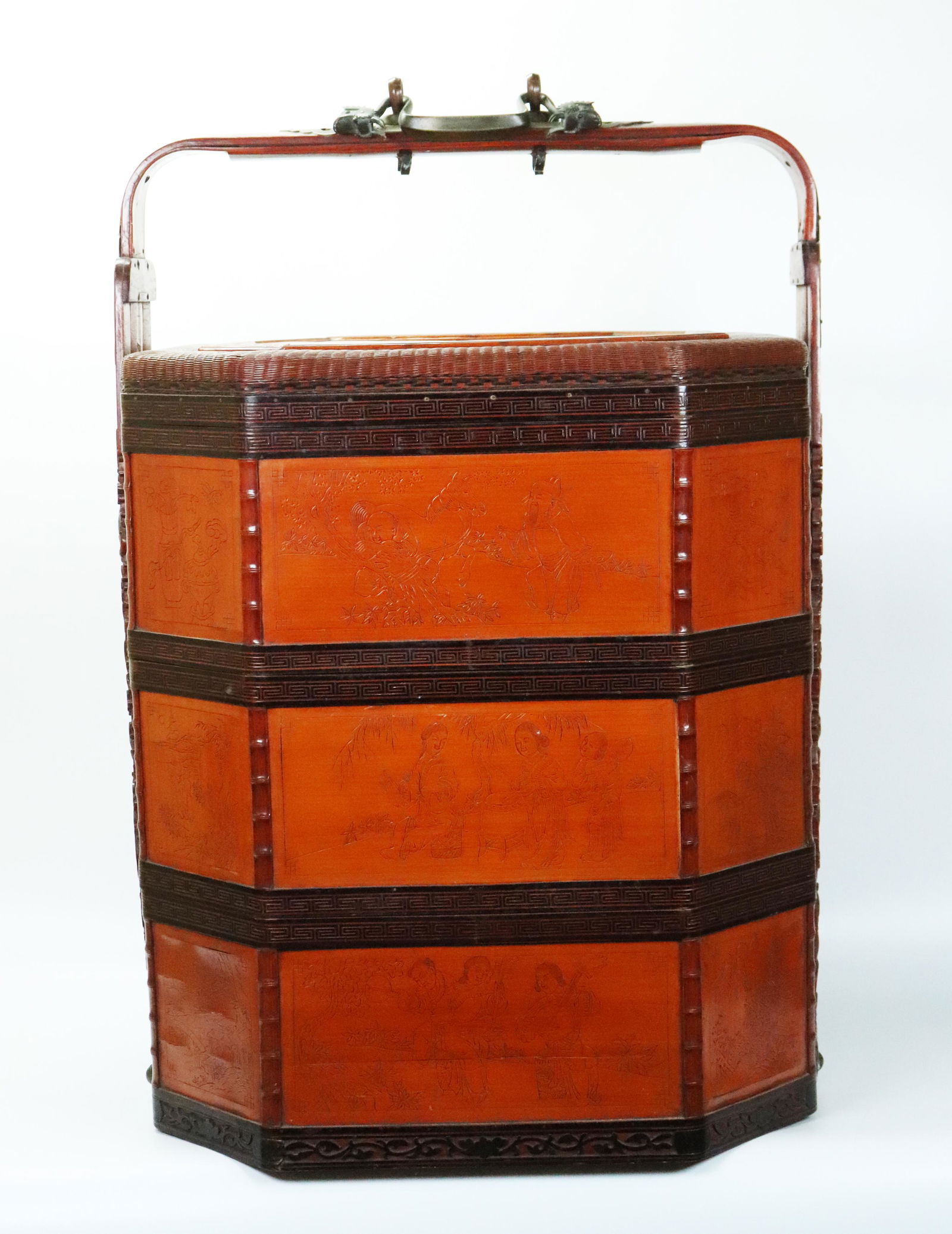 Large Chinese Carved Bamboo 3 Part Picnic Basket (1 of 9)