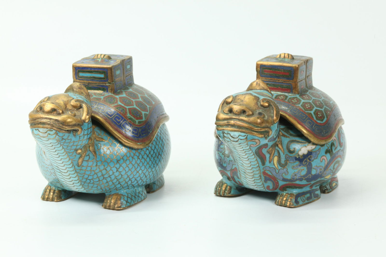 Pr Chinese 19 C Turtle Gilt Bronze Cloisonne Boxes (1 of 6)