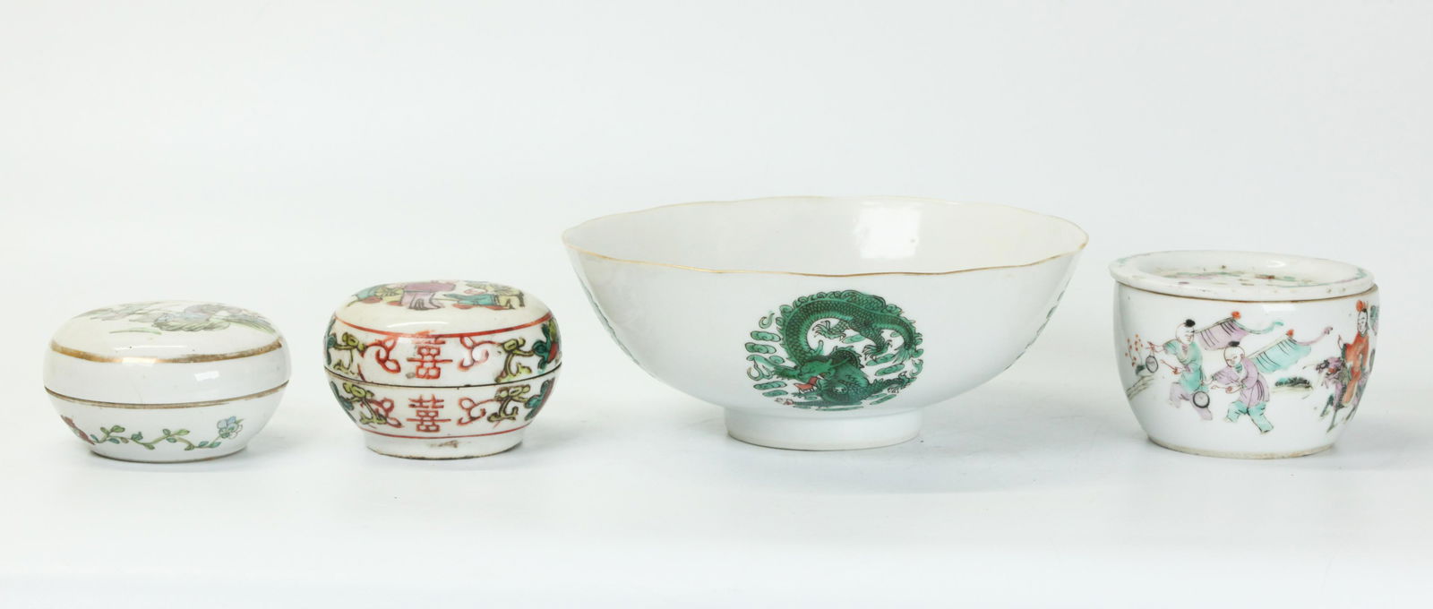 4 Chinese Enameled Porcelains; Bowl 2 Boxes Drain (1 of 6)