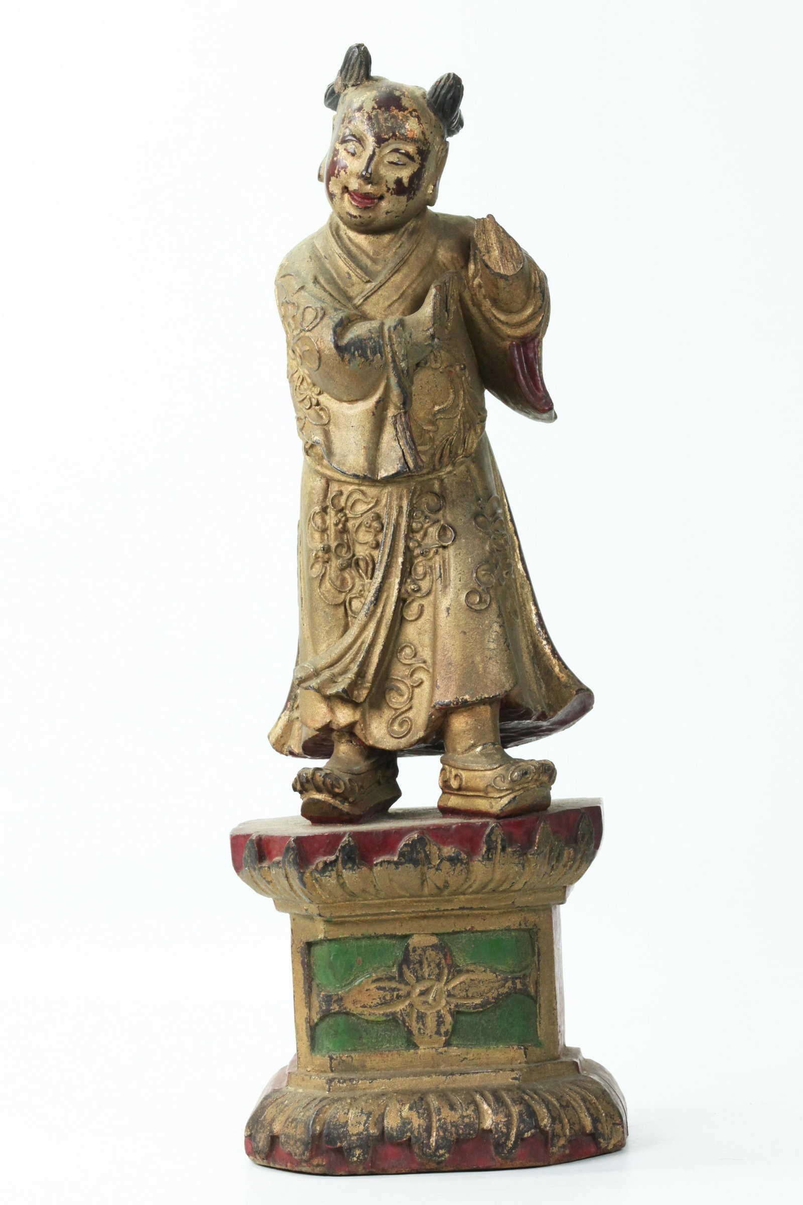 Chinese Carved & Lacquered Wood Dancing Boy: Chinese 19th Century Carved & Lacquered Wood Dancing Boy, his robes with raised design and on a carved and colored platform base. Height 12 1 /2 inches (31.5 cm.). PROVENANCE: Private collection, New 