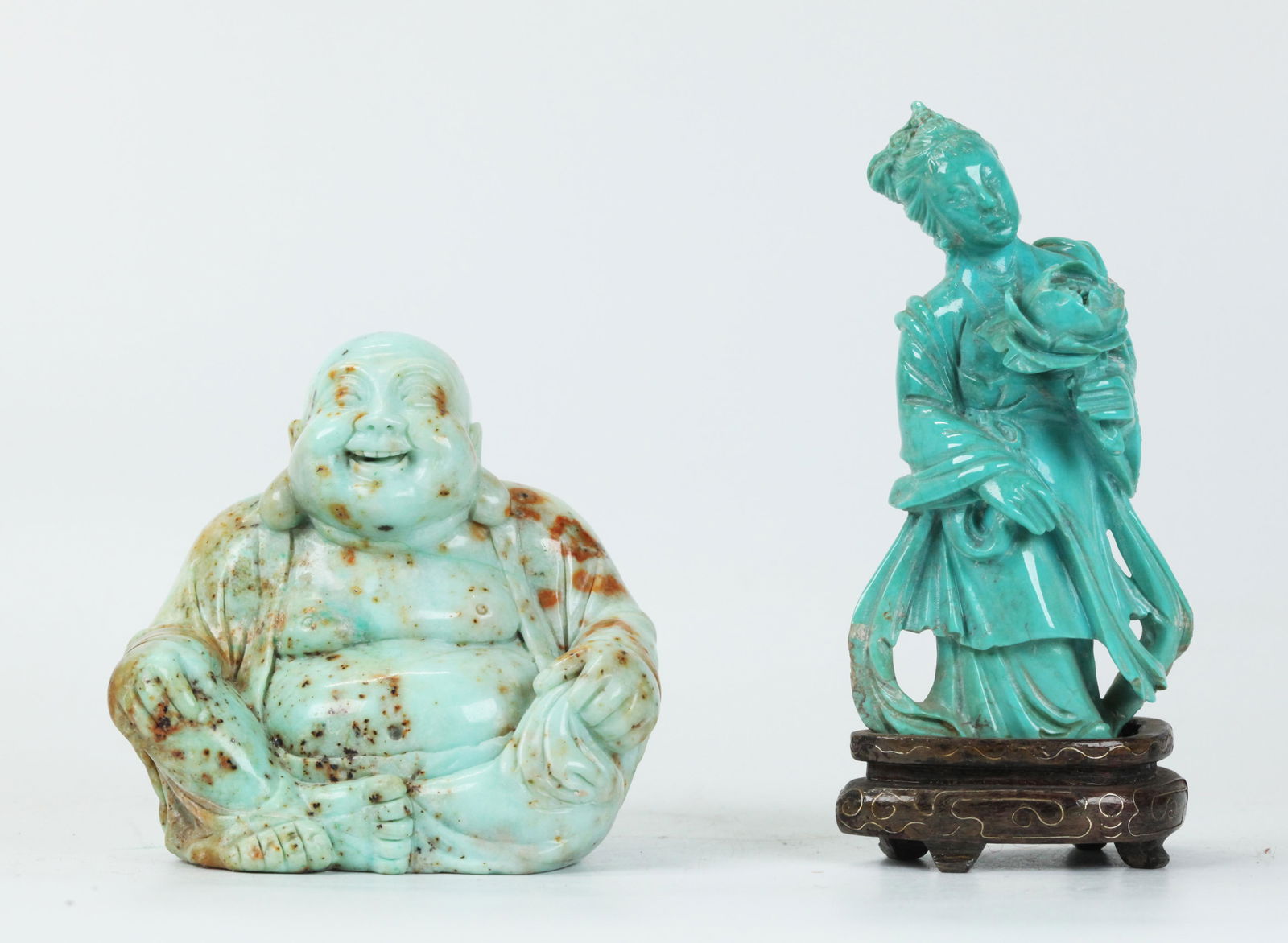 Chinese Turquoise Lady & Flower; Hard Stone Buddha (1 of 7)