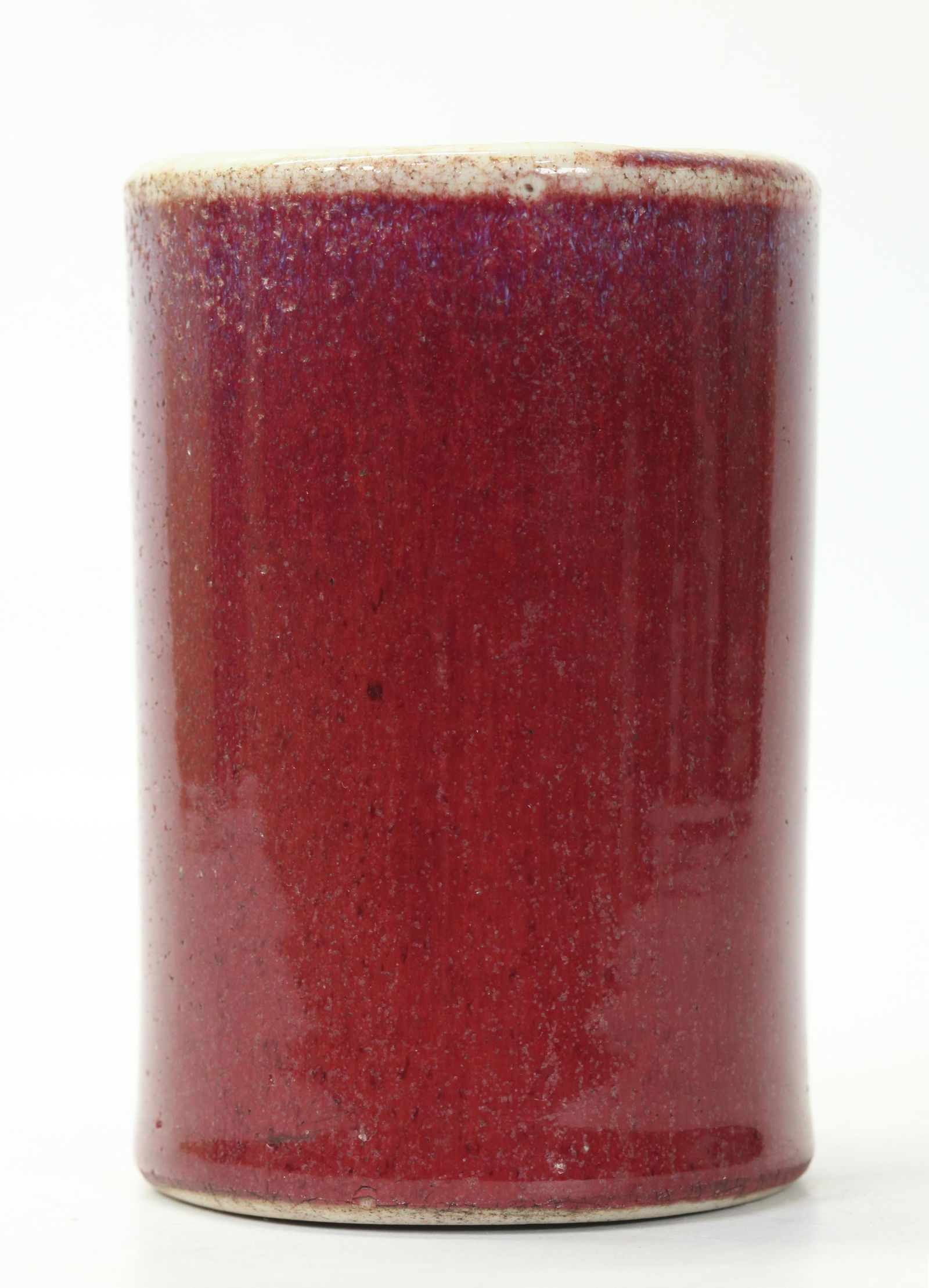 Chinese Flambe & Red Crackle Porcelain Brush Pot: Chinese Flambe & Red Crackle Porcelain Brush Pot, the red with flambe draining from the mouth to pale celadon crackle and with red glaze over-flow at foot ring. The inside and base in clear crackle gl