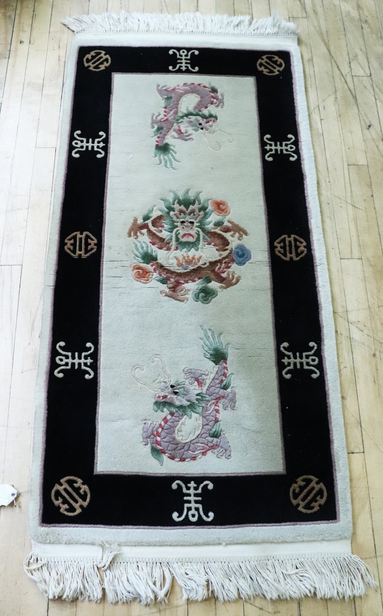 Chinese 3 Dragon & "Shou" Cream Wool Rug (1 of 5)