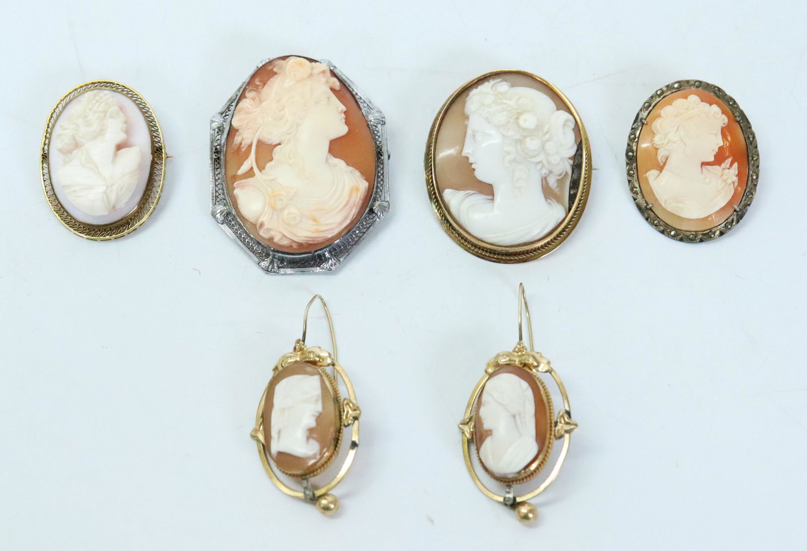 6 European Lady Shell Cameos; 4 Pins 2 Earrings (1 of 6)