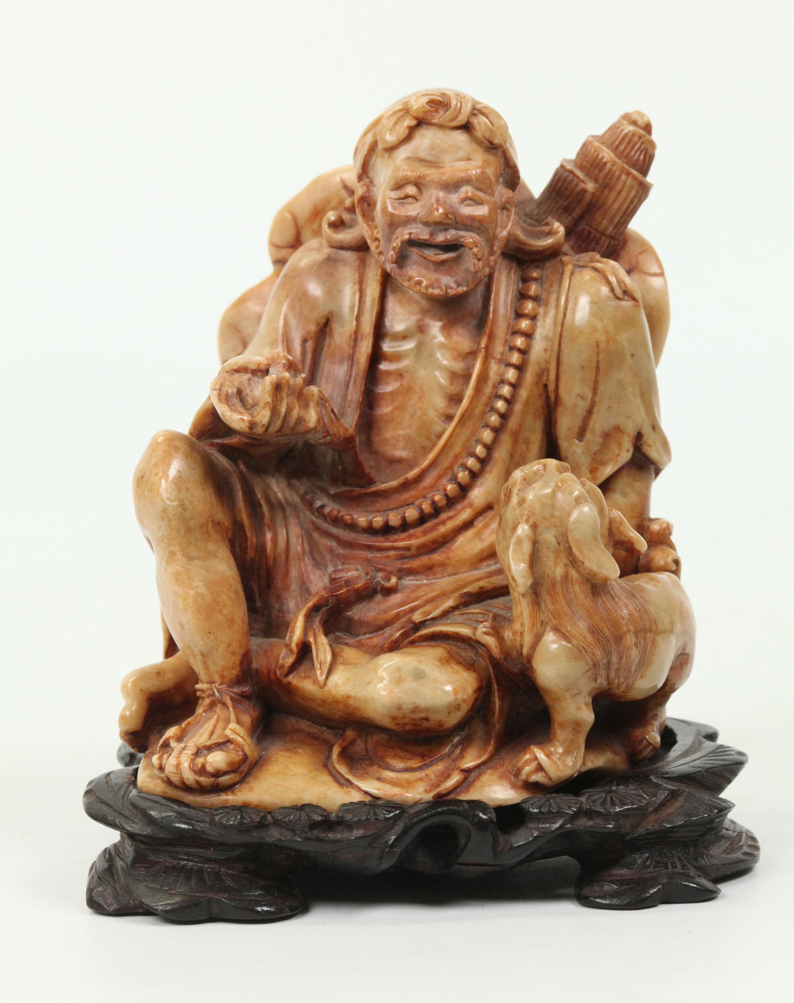 Chinese Shoushan Soapstone Seated Li Tieguai: Chinese Shoushan Soapstone Seated Immortal, Li Tieguai wearing 1 Sandal and holding a Bat in his right hand, with a unicorn Qilin and Double Gourd at his left hand, rosary bead necklace over one shoul