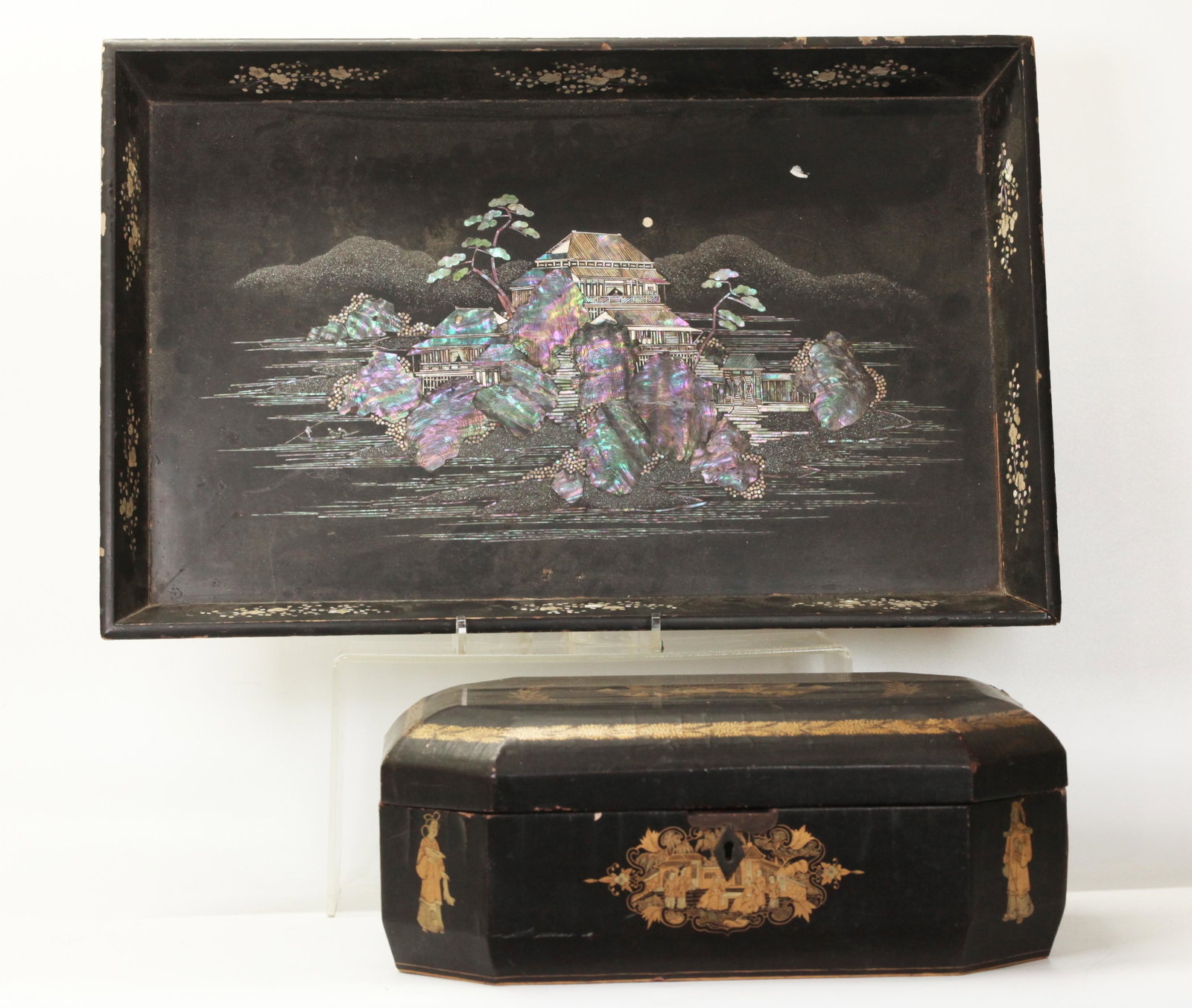 Chinese 19 C Black Lacquer Sewing Box; Shell Tray: Chinese Export 19th Century Black Lacquer octagonal Sewing Box with small gold details, the inside fitted with a tray and with black lacquer divisions and several bone sewing implements; together with