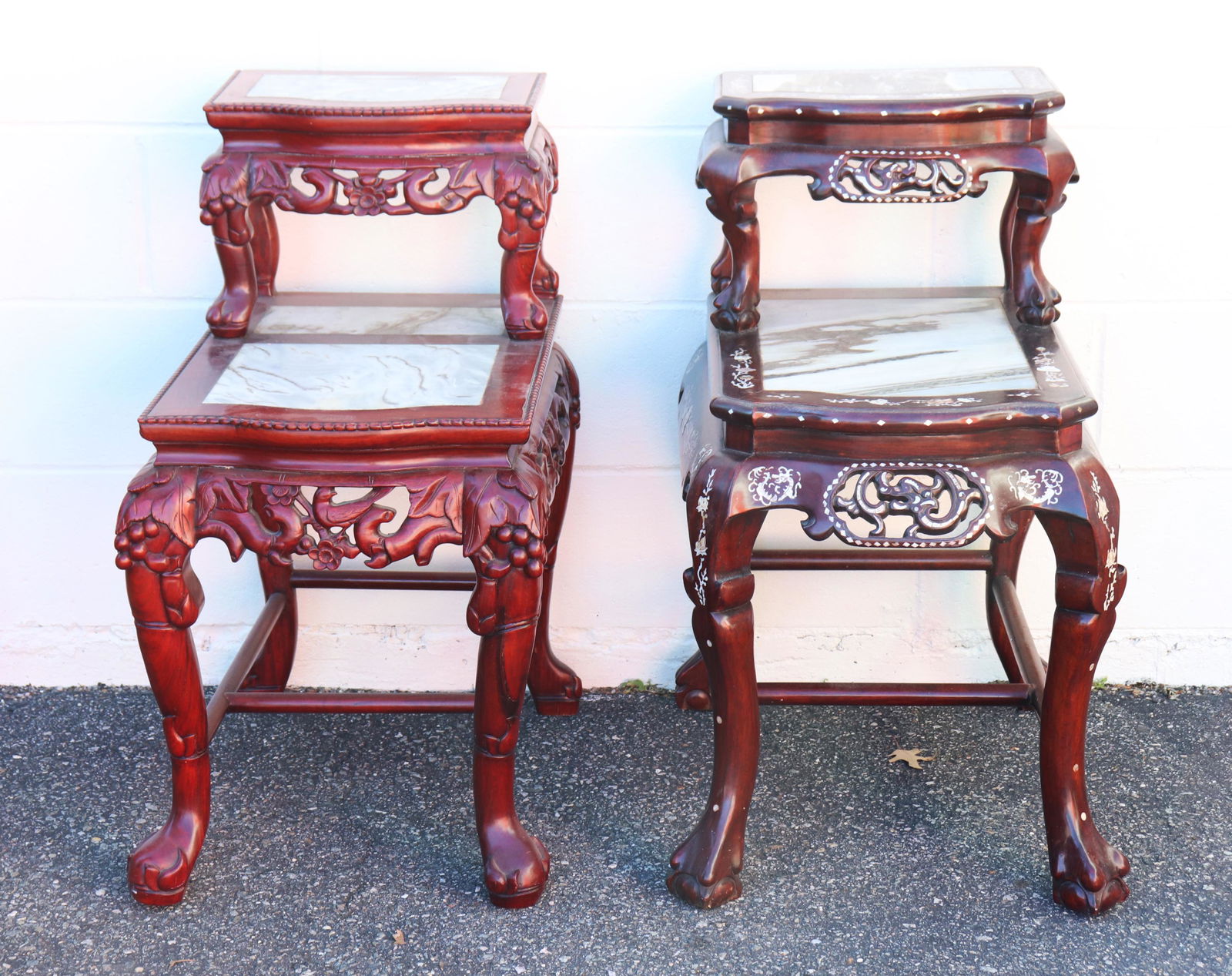Two Chinese wood inlay Marble tea Tables: Two Chinese wood inlay Marble tea Tables. Height 30 3/4 inches ( 78cm) x Width 20 3/4 inches ( 52.5cm).