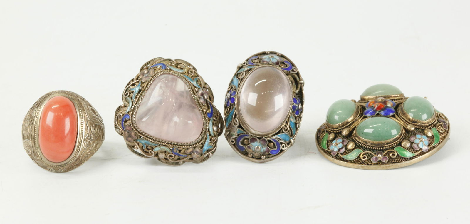3 Chinese Gilt Silver Rings; Round Chrysoprase Pin (1 of 5)