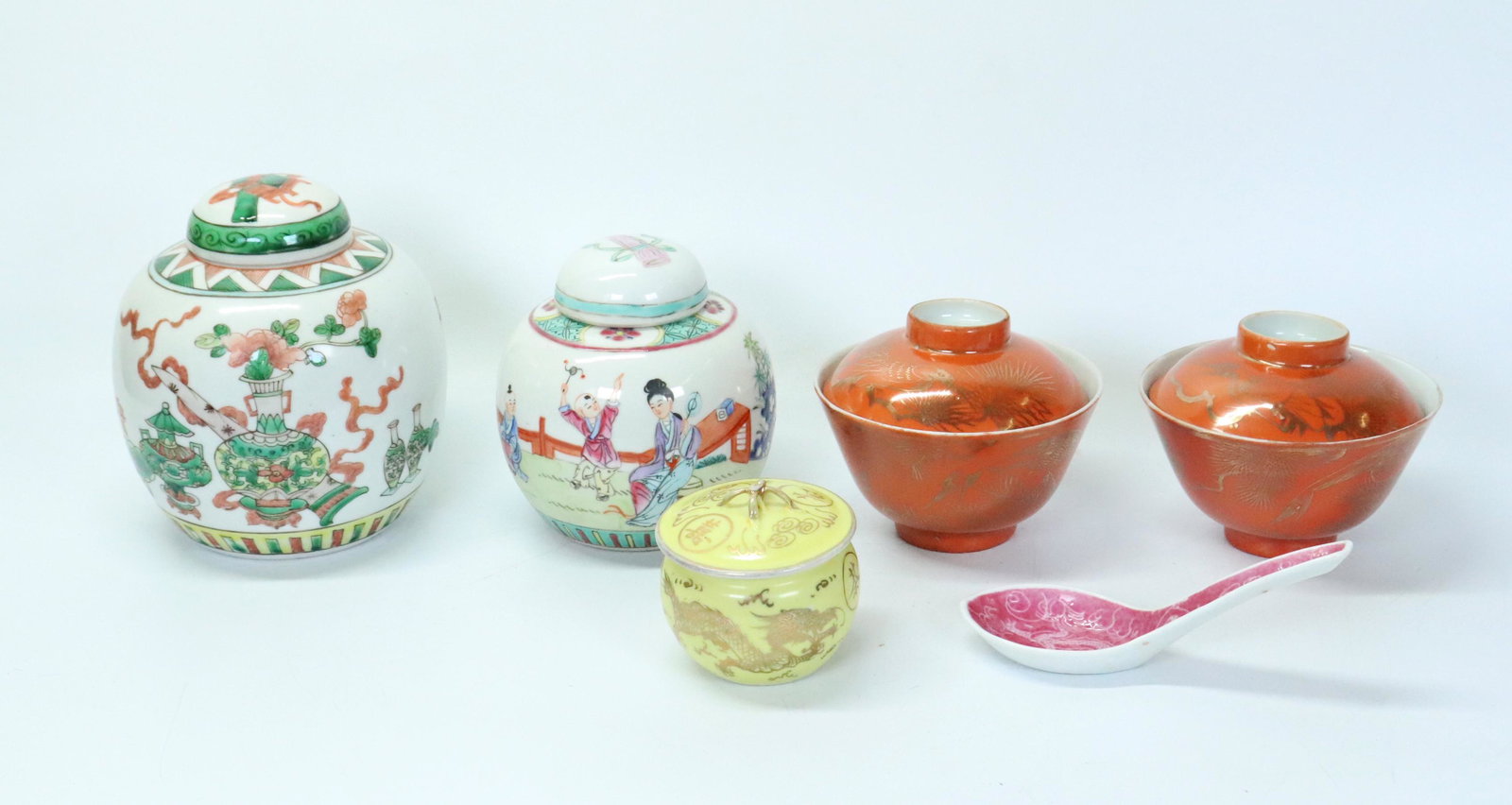 6 Chinese Enameled Porcelains, Jars, Bowls, Spoon (1 of 9)