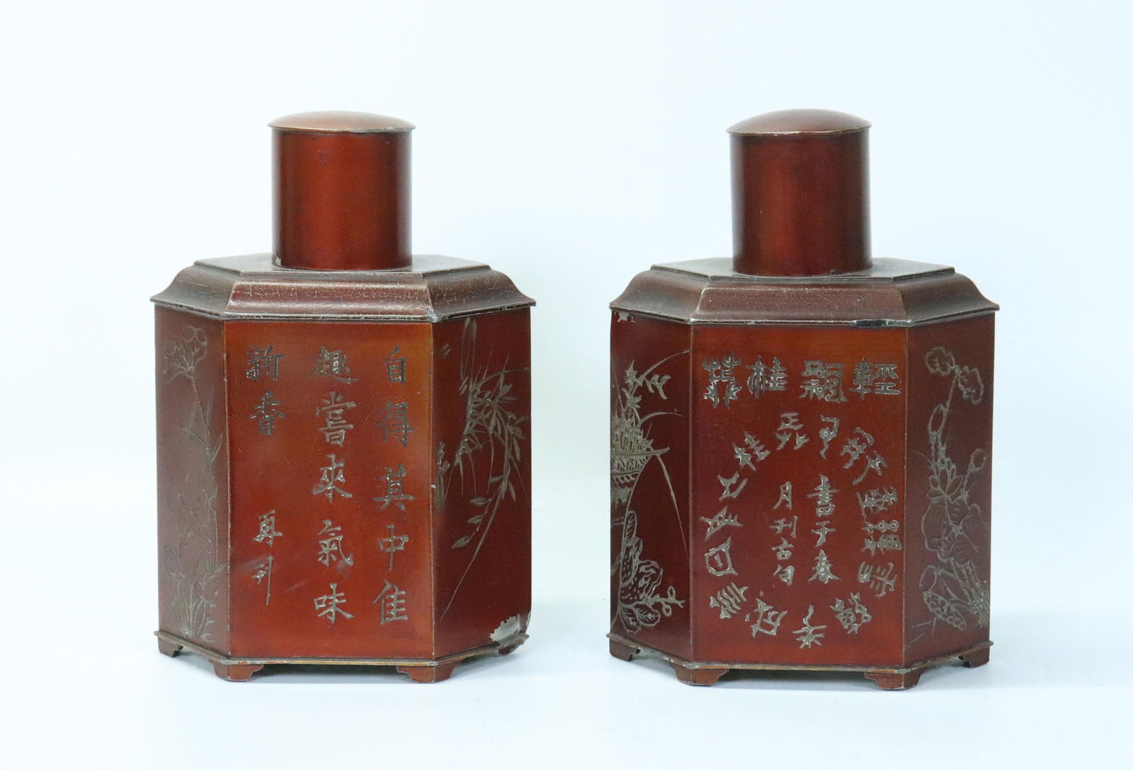 Pair Chinese Hexagonal Pewter Tea Caddies (1 of 8)
