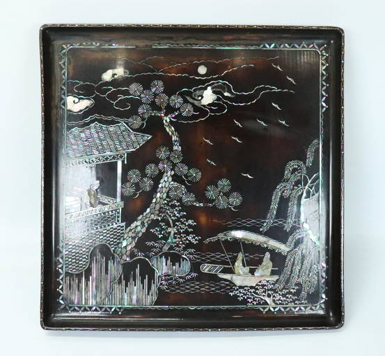 Chinese Black Lacquer & Shell Inlay Square Tray